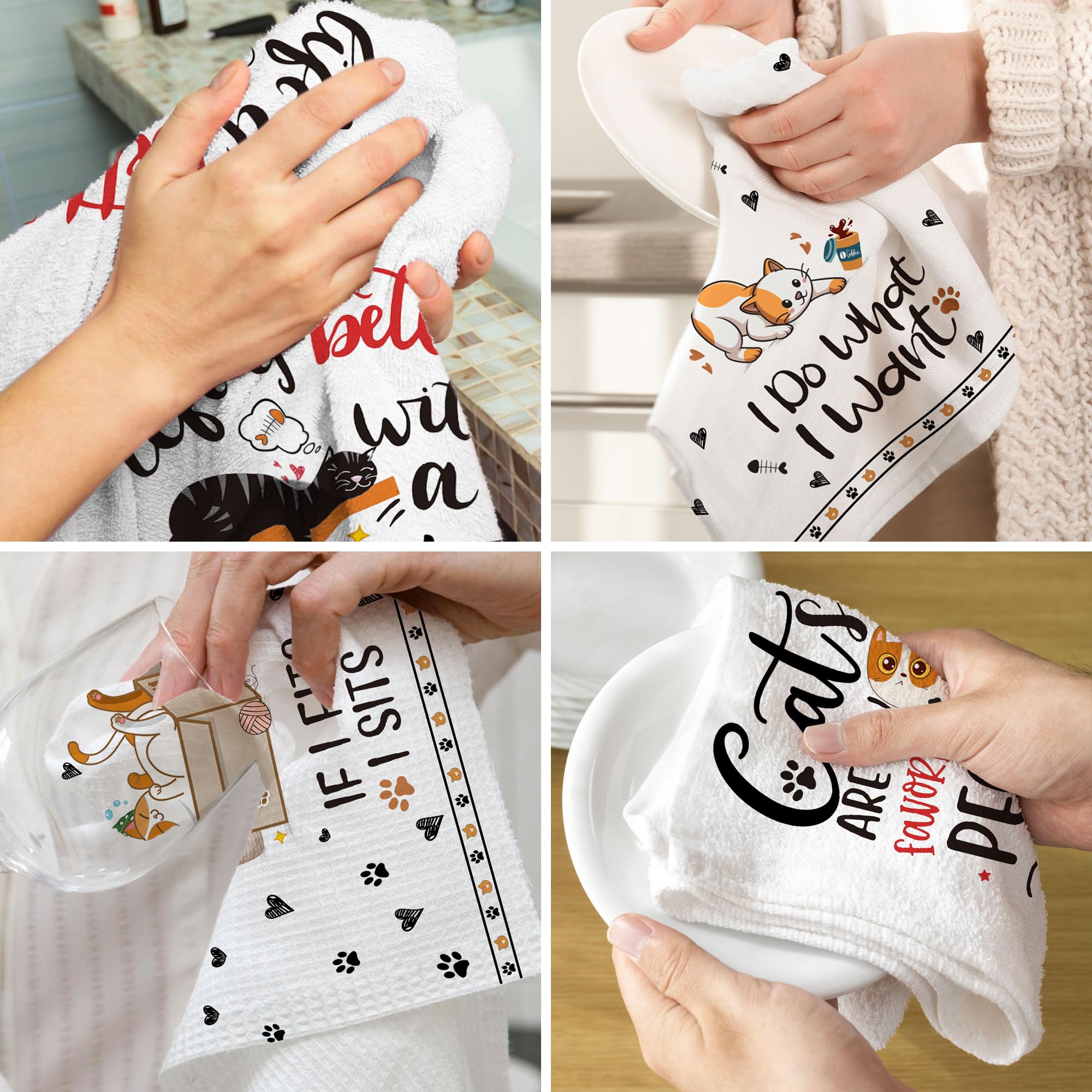 Hexagram Cat Lover Gifts for Women - Set of 4 Funny Cat Kitchen Towels, Cute Cat Tea Towels & Hand Towels - Perfect Cat Mom Gifts, Housewarming Presents & Kitchen Decor - Ideal for Daily Use, Dish Drying & Home Decoration