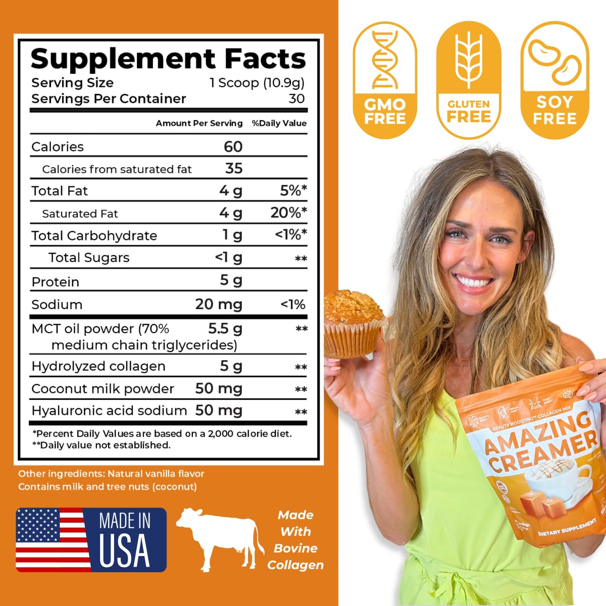 Keto Collagen Creamer with Hyaluronic Acid & MCT Oil - Brain Booster & Appetite Suppressant - Supports Skin & Hair Health - 30 Servings Salted Caramel Flavor | Perfect for Coffee, Smoothies & Keto Diet