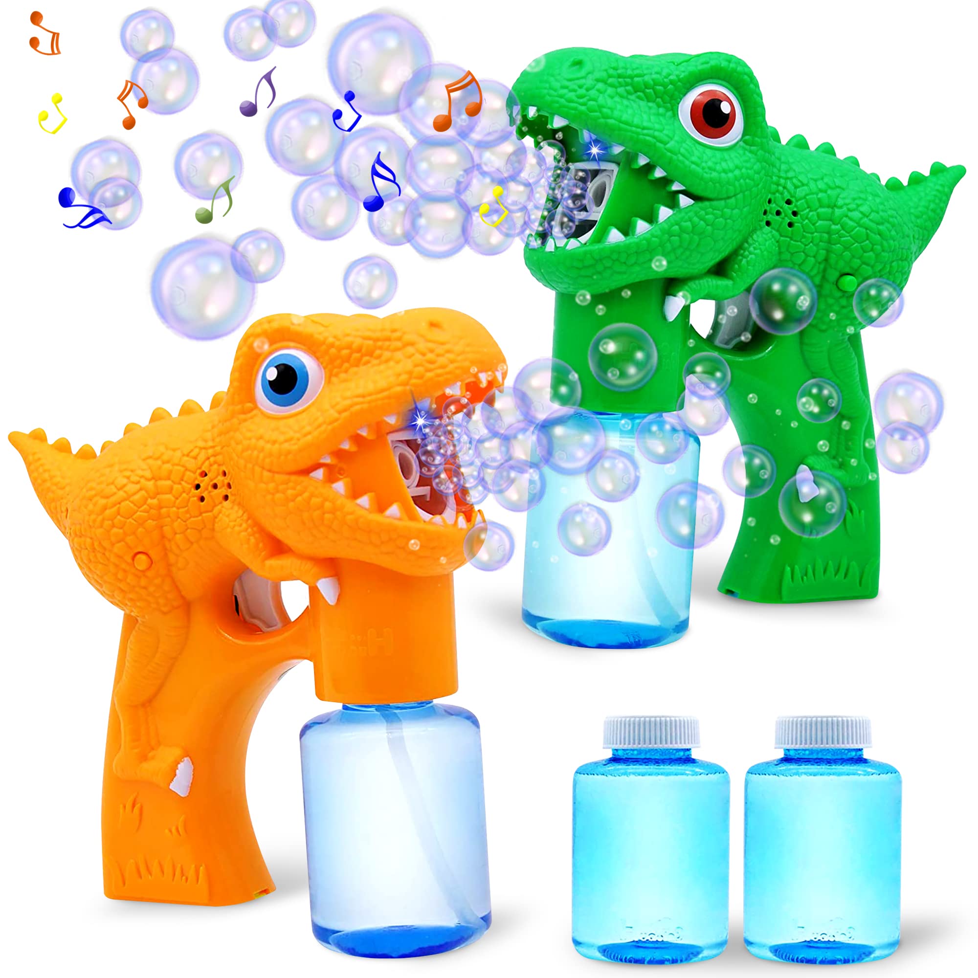 JOYIN 2 Pack Dinosaur Bubble Guns with 2 Bottles Bubble Solution (147ml) - Bubble Blower Toy for Toddlers & Kids, Outdoor Summer Play, Birthday Party Favors, Backyard Games, Park Activities (Great for Birthday Gifts, Easter Basket Stuffers & Outdoor Fun)