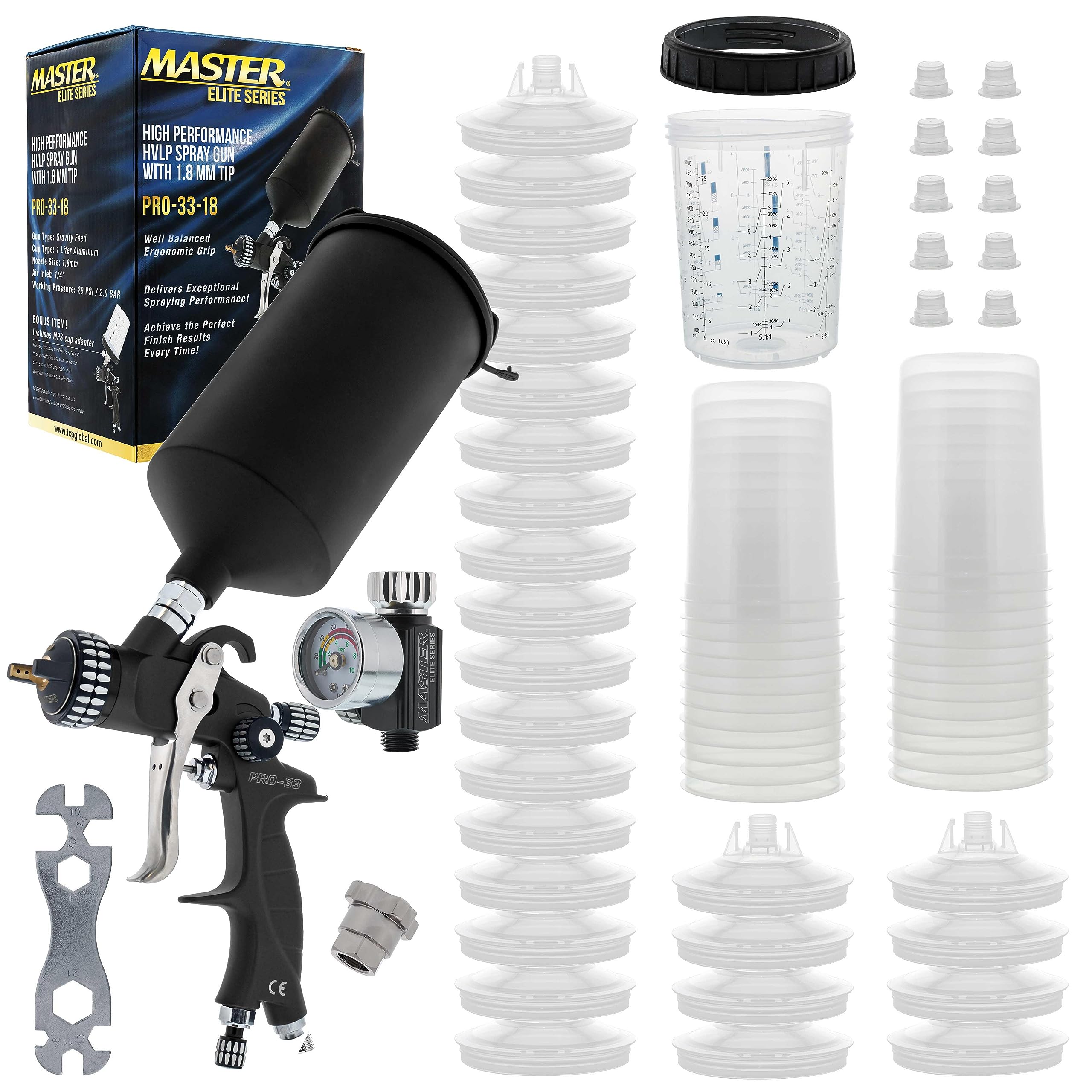 Master Elite PRO-33 HVLP Spray Gun Kit - 1.8mm Nozzle & 25 Disposable Cups for Automotive, Woodworking & DIY Projects - High Performance Gravity Feed Spray Gun for Paint, Stain & Varnish