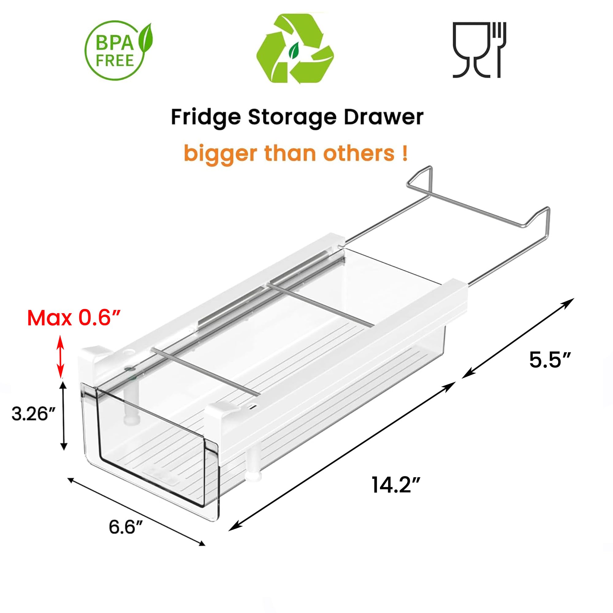 Clear Plastic Fridge Organizer Drawers - Stackable Refrigerator Storage Bins for Fruits, Vegetables, Meat & Cheese | Under Shelf Organizer Containers | Easy to Install | Perfect for Kitchen, Pantry & Meal Prep Organization