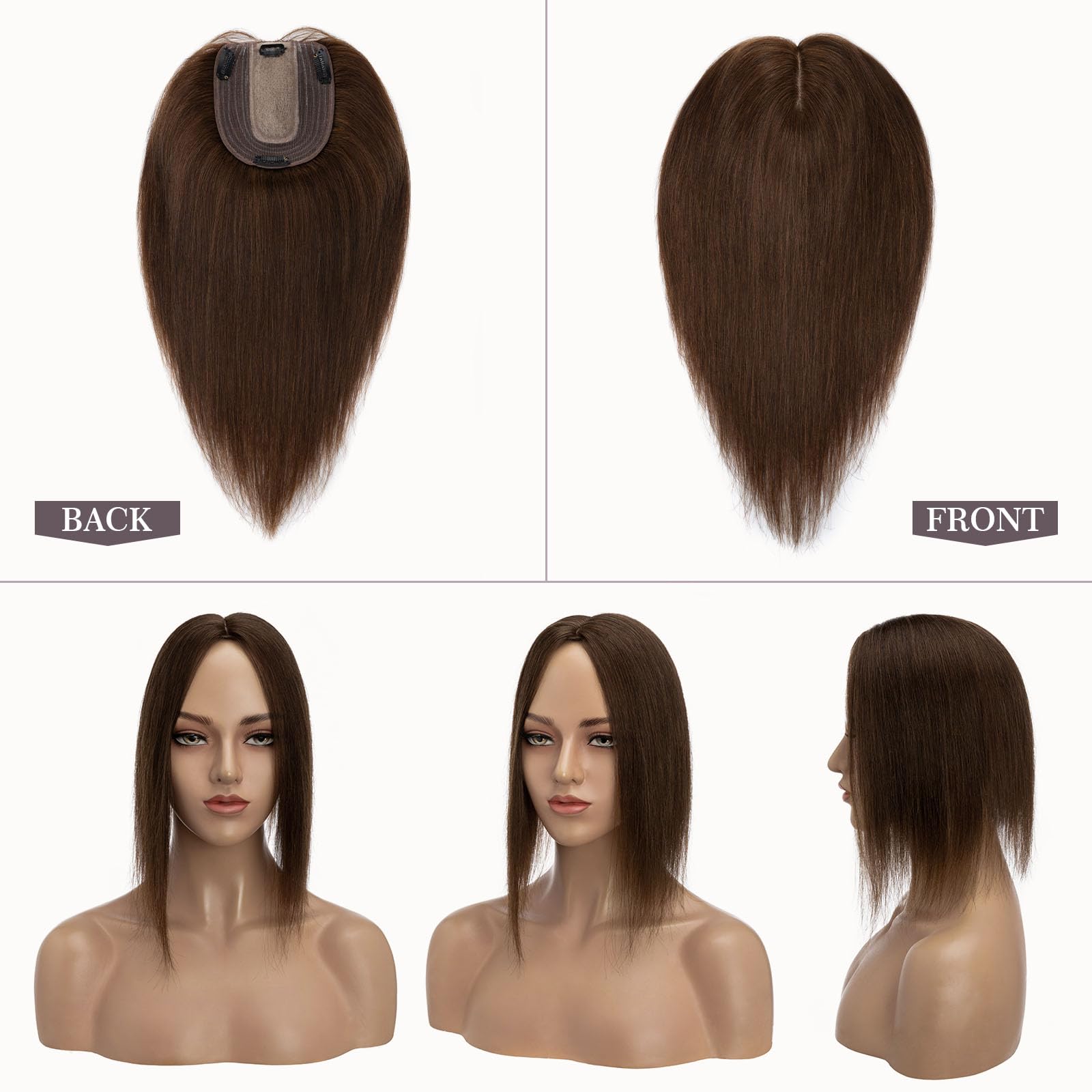 100% Real Human Hair Topper for Women - 18 Inch Medium Brown Hairpiece with 4