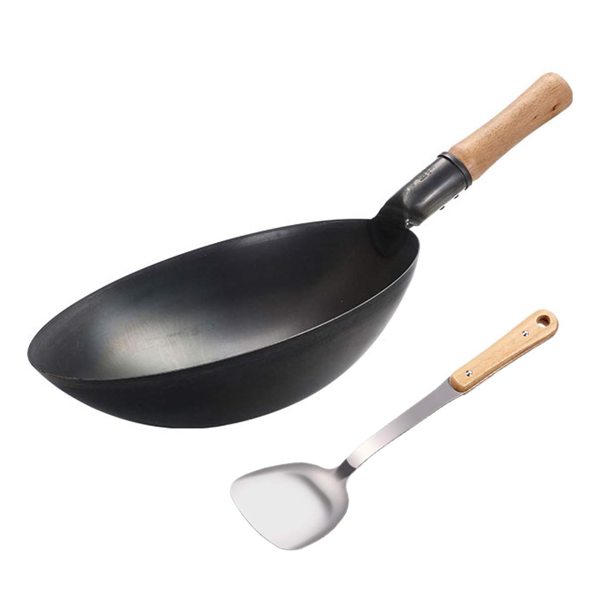 HYDL Nonstick Wok Pan - 13.5 Inch Cast Iron Stir Fry Pan for Chinese, Japanese & Cantonese Cooking - Durable Stainless Steel Wok with Iron Spatula (Earless Design) - Perfect for Stir-Frying, Sautéing & Deep Frying at Home