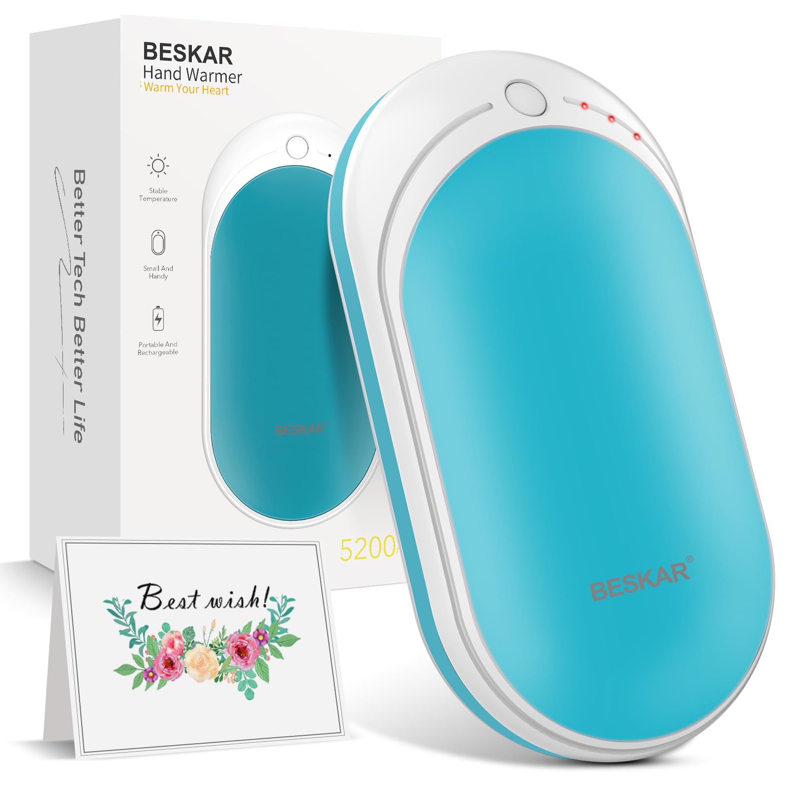 BESKAR Rechargeable Electric Hand Warmer 2 Pack - Portable Hand Warmers for Winter, Outdoor Activities, Camping & Hiking - Fast Heating USB Handwarmer Gift Set
