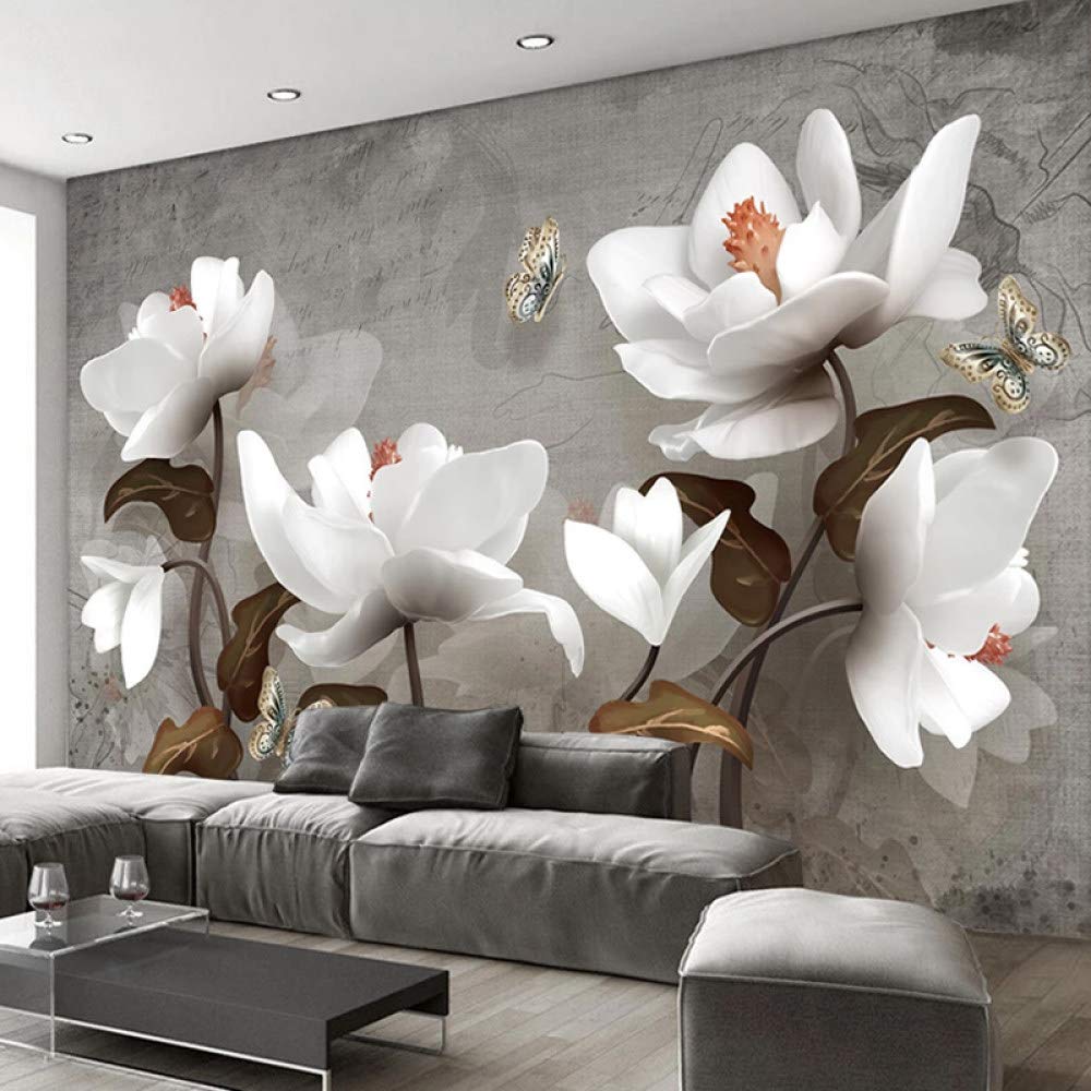 Vintage White 3D Phalaenopsis Flower Leaf Butterfly Wallpaper - Self-Adhesive Peel and Stick Contact Paper - Large Ethnic Letter Design - Removable Vinyl Mural for Bedroom, Living Room, Dorm Decor
