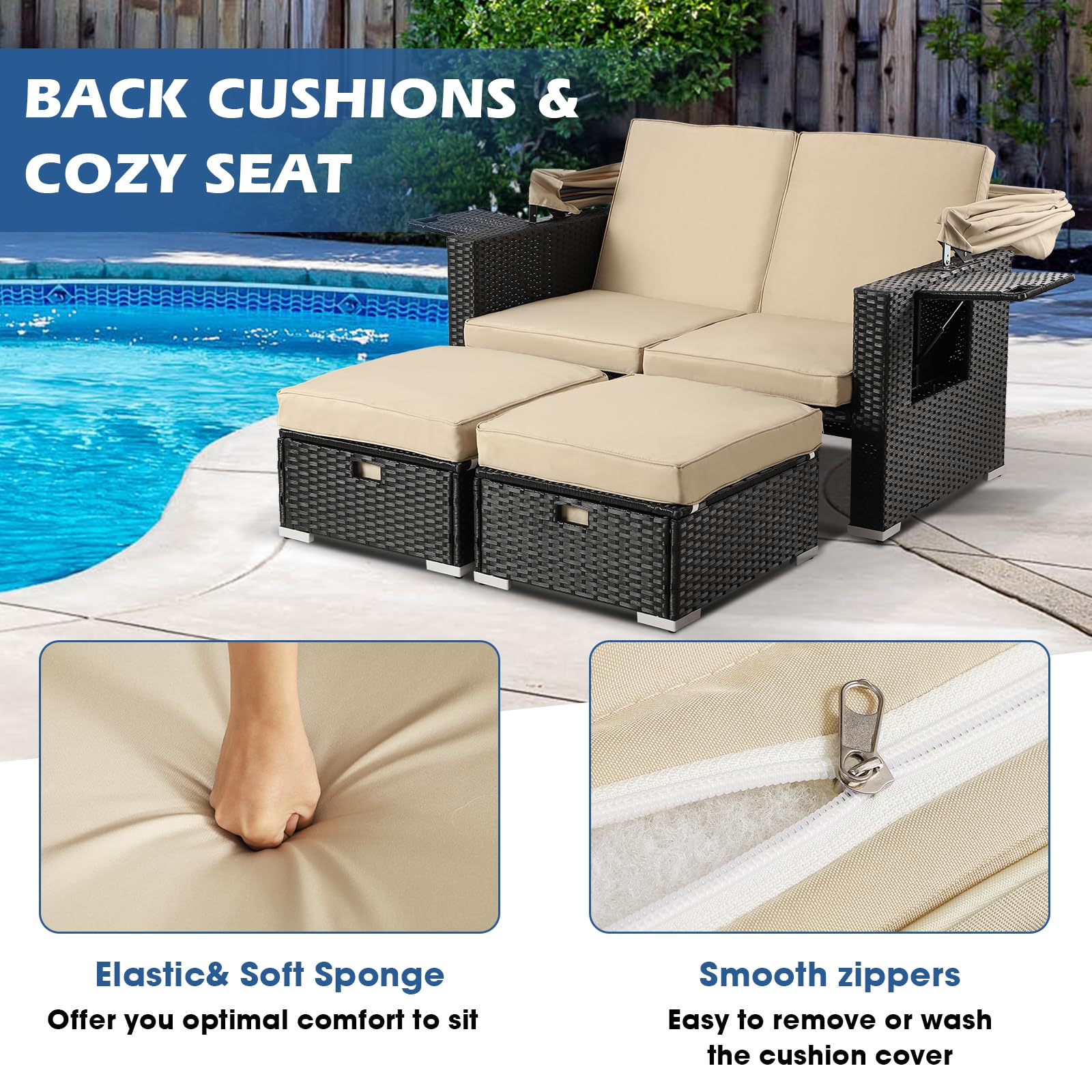 LEISU Outdoor Patio Furniture Sunbed with Retractable Canopy - PE Wicker Rattan Rectangle Sectional Sofa Set with Washable Cushions - Perfect for Garden, Backyard, Poolside & Patio Relaxation (Khaki)