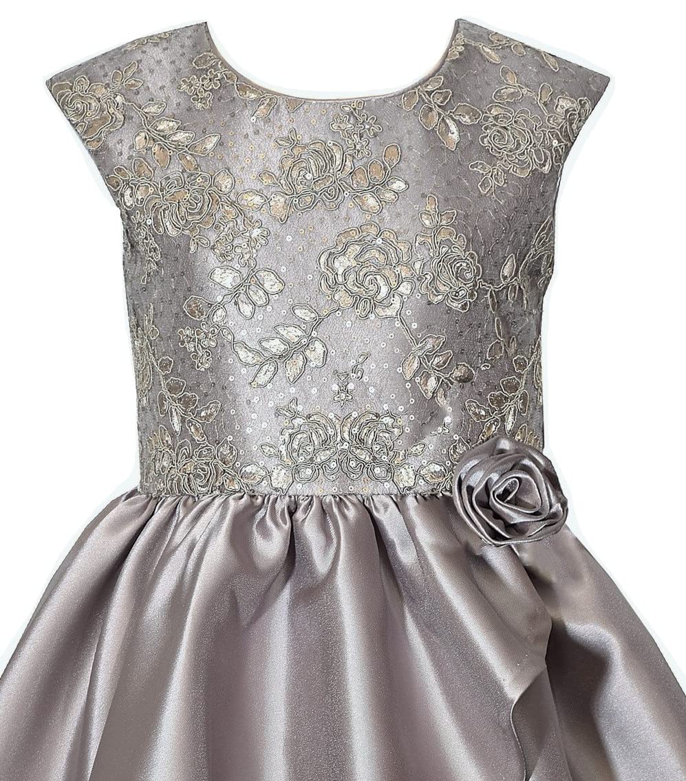 Bonnie Jean Girls Embroidered Sequins Mikado Dress for Ages 4-16 | Silver Gray Party Dress for Special Occasions, Weddings & Formal Events