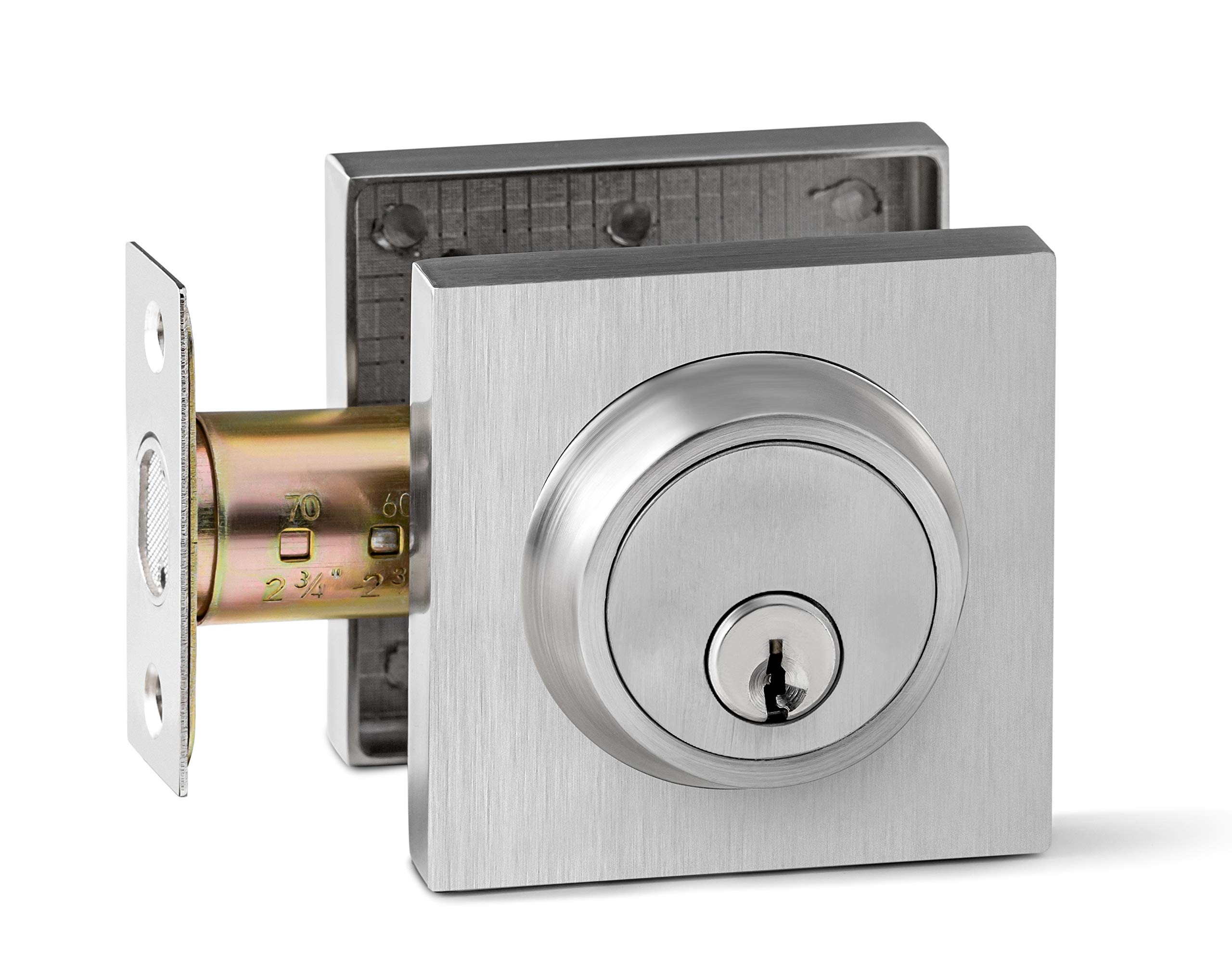 Berlin Modisch Modern Square Entry Lever Door Handle with Single Cylinder Deadbolt Lock Set - Heavy Duty Satin Nickel Finish for Front Doors, Office & Interior Doors (Right/Left Handed) - Secure & Stylish Home & Business Access Solution