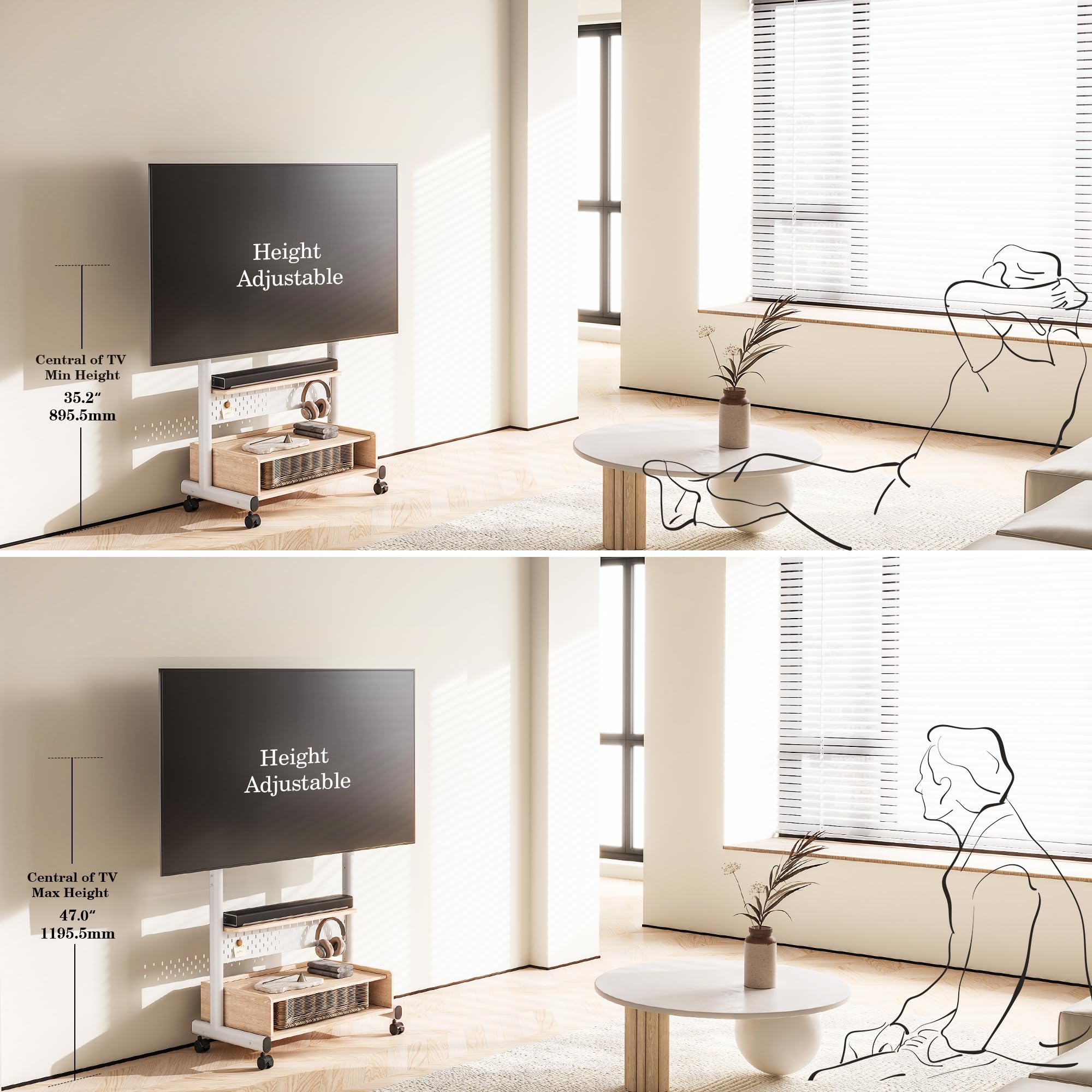 FITUEYES Heavy Duty Rolling TV Stand for 40-85 Inch Flat/Curved Screens - Mobile Corner TV Cart with Mount & Wood Storage Shelf - Holds Up to 132 lbs - Perfect for Living Room, Bedroom, or Office