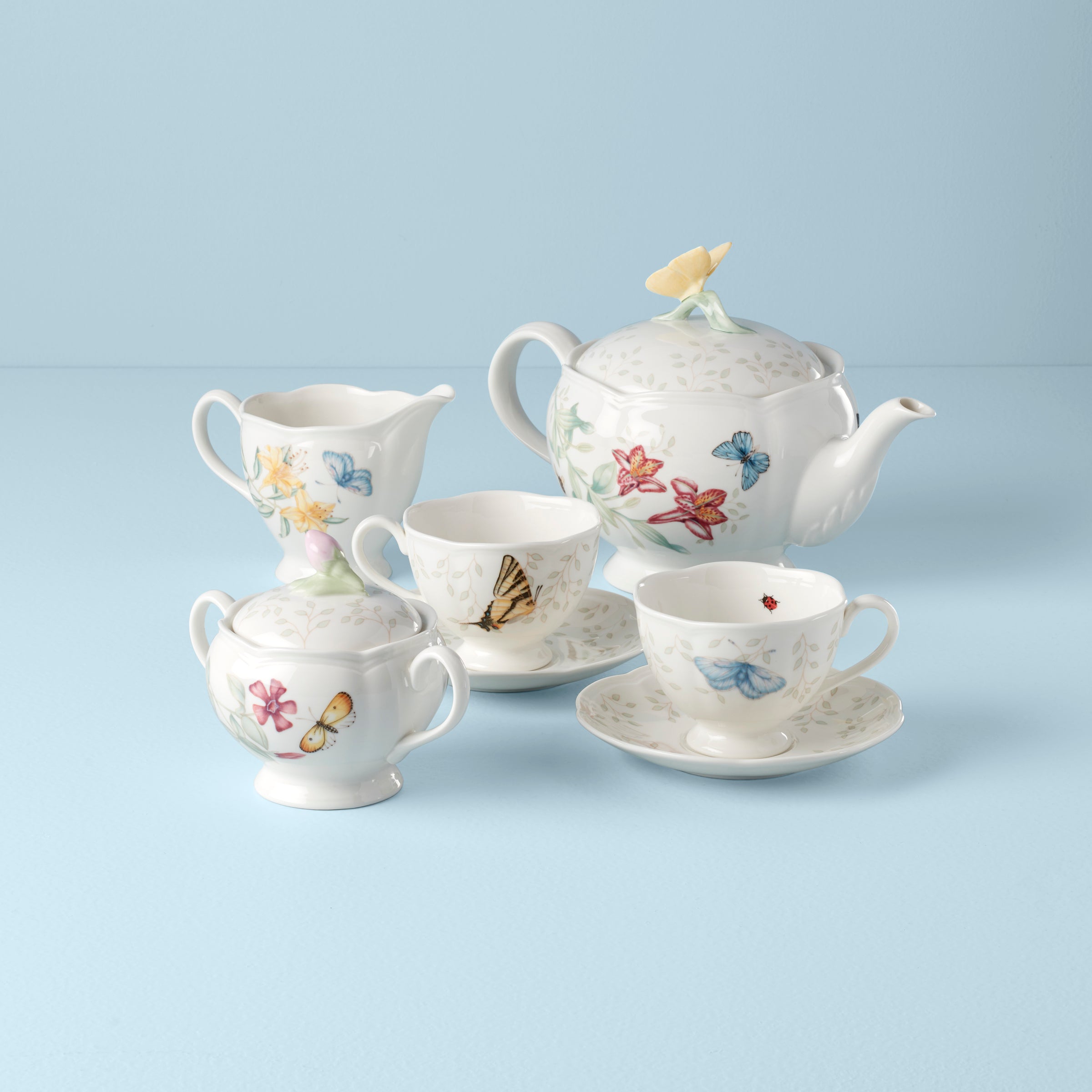 Butterfly Meadow 7-Piece Porcelain Tea Set with Teapot & Cups - Elegant Floral Tea Party Set for Afternoon Tea, Bridal Shower & Home Decor