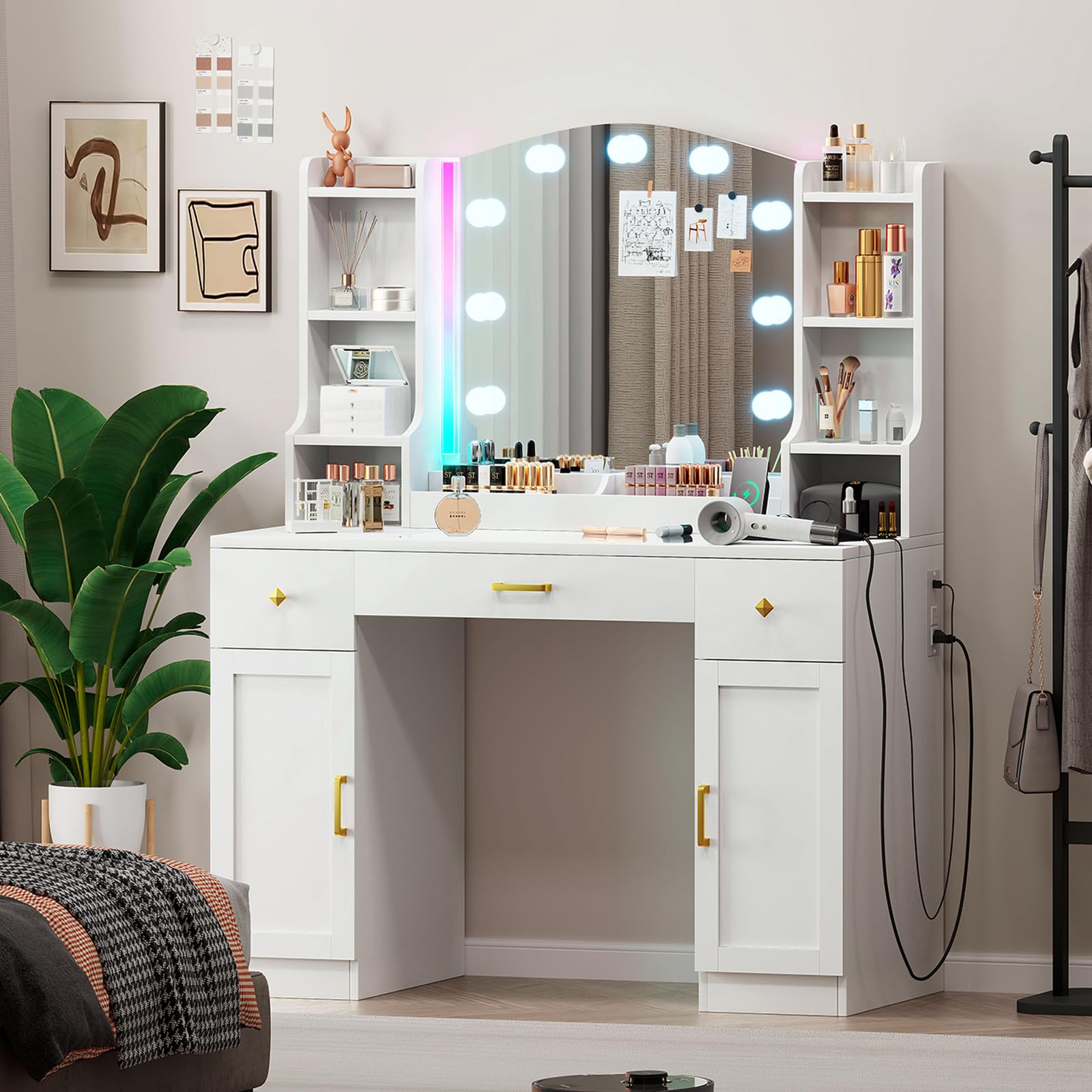 White Makeup Vanity Desk with LED Lights & Mirror - Large Dressing Table with Charging Station, Glass Top & 2 Storage Cabinets - Perfect for Bedroom, Salon & Home Beauty Setup