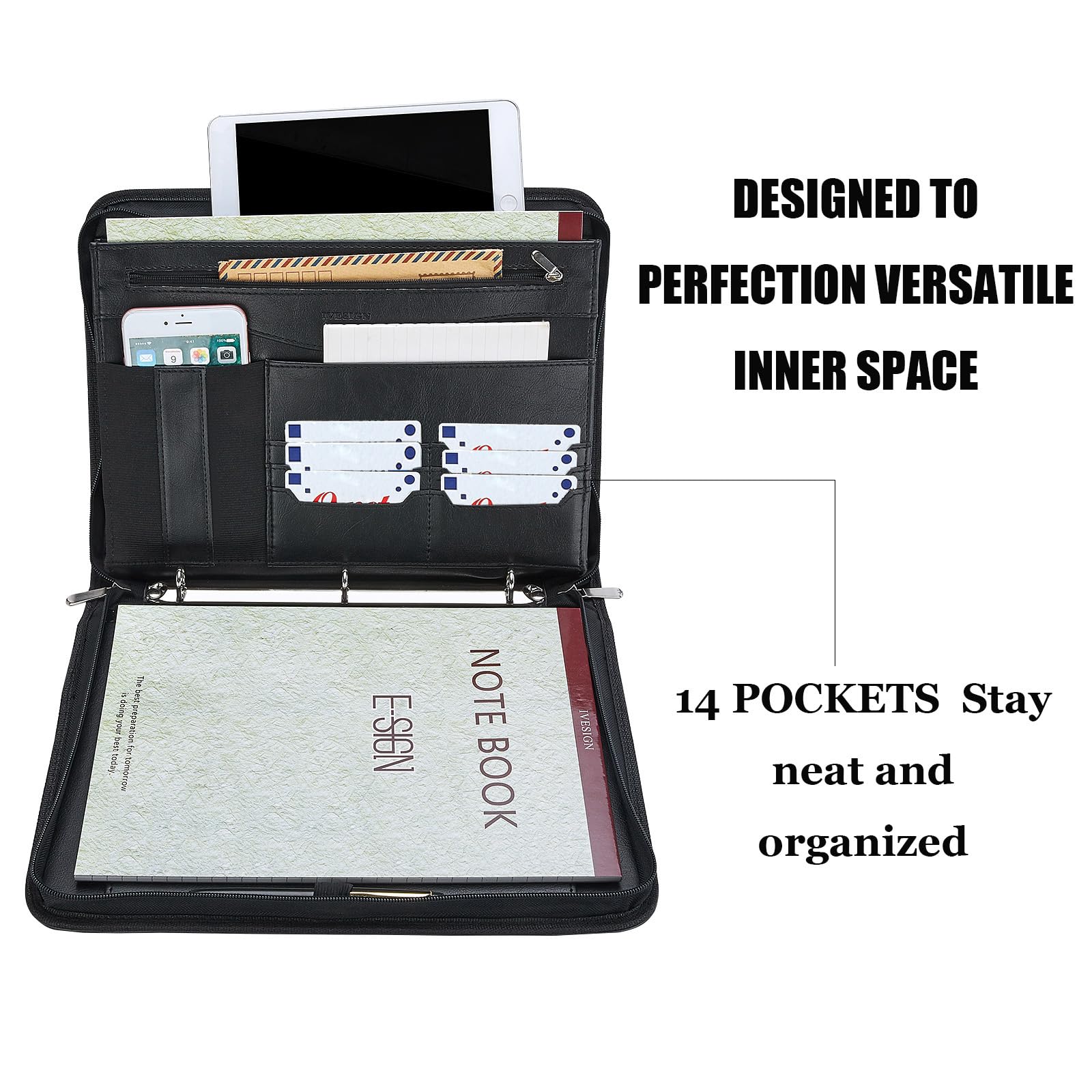IVESIGN Zippered Padfolio Binder - Faux Leather 3-Ring Organizer with Business Card Slots & Document Folders | Left-Handed Design for Professionals | Perfect for Office, Meetings & Business Travel (Black)