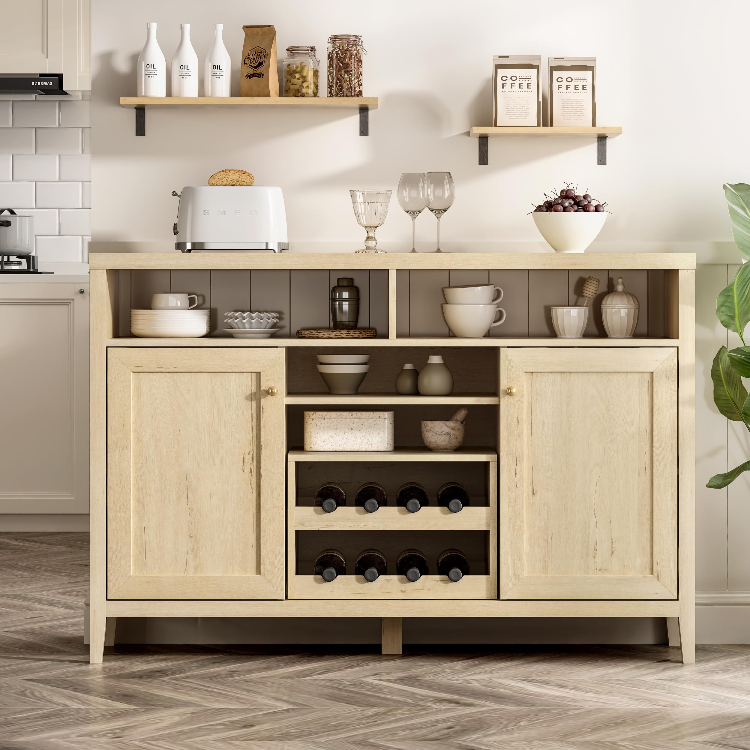 Farmhouse Wine Bar Cabinet with Doors - Light Oak Sideboard Buffet Storage for Liquor, Glassware & Dining Essentials | Perfect for Dining Room, Living Room & Home Bar Decor