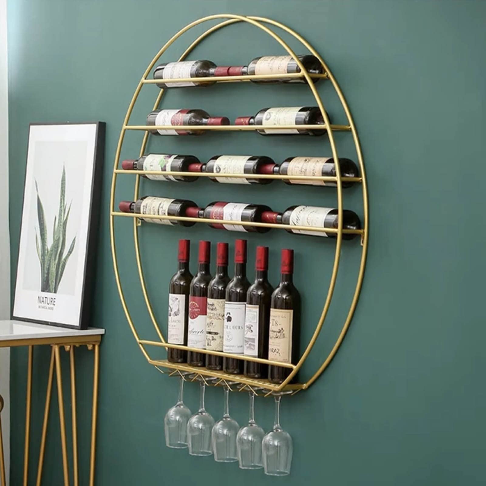 Gold Round Wall-Mounted Wine Rack with Goblet Holder - Under Cabinet Kitchen Bar Shelf for Wine Bottles & Stemware Glass Organizer | Perfect for Home Bars, Restaurants & Wine Cellars
