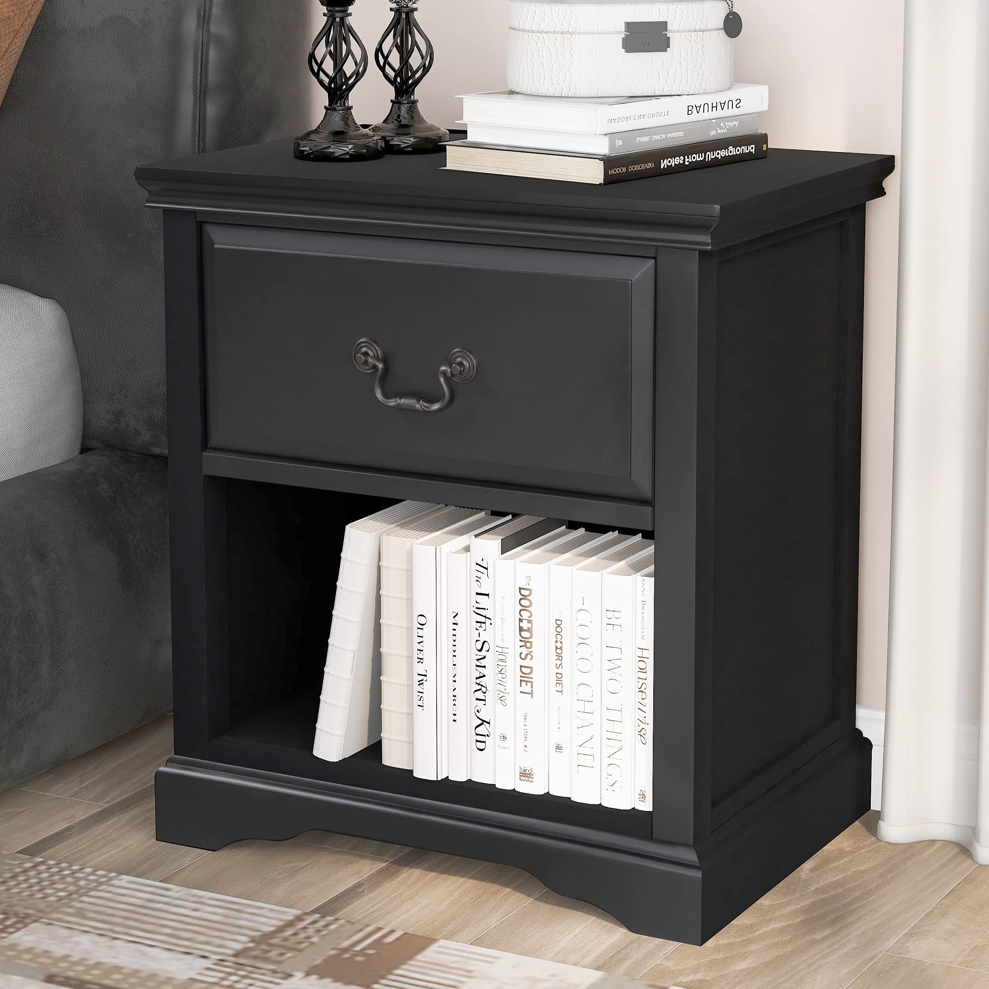 Solid Wood End Table Nightstand with 1 Drawer & Shelf - Rustic Retro Side Table for Living Room, Bedroom & Office - Traditional Storage Sofa Table in Black - Perfect for Small Spaces, Reading Nooks & Guest Rooms