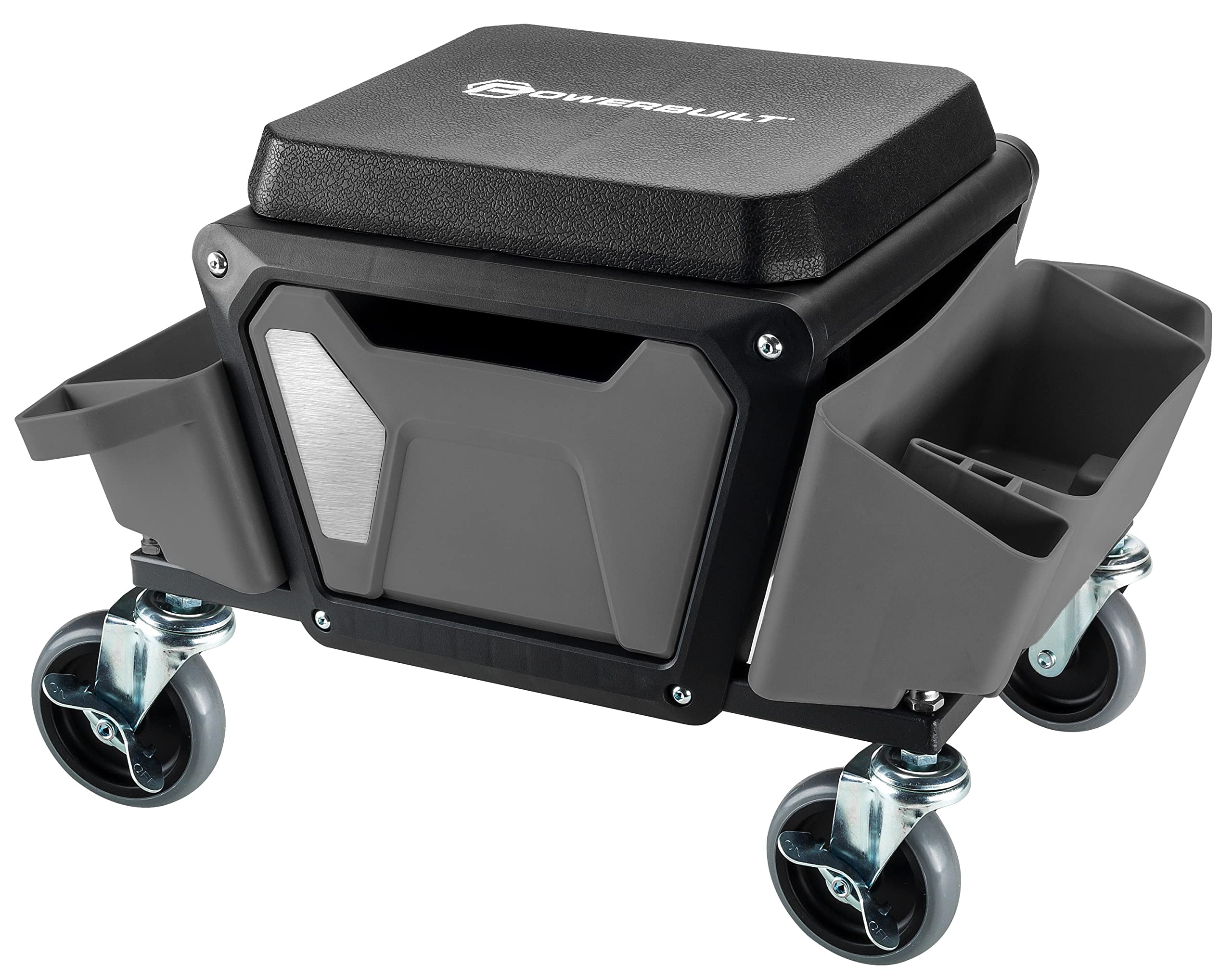 Powerbuilt Rolling Work Seat Stool with 4-inch Lockable Wheels - Heavy Duty 330 lb Capacity Mechanics Stool with Tool Trays & Drawer, Large Seating Platform - Perfect for Garage Work, Auto Repair, Gardening & DIY Projects (Grey, Model 941881ECE)