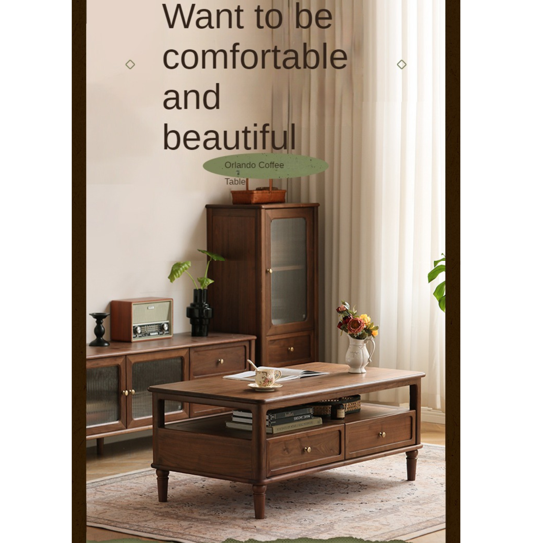 Solid Black Walnut Wood American Retro Coffee Table - Mid-Century Modern Style for Living Room, Lounge & Office Decor