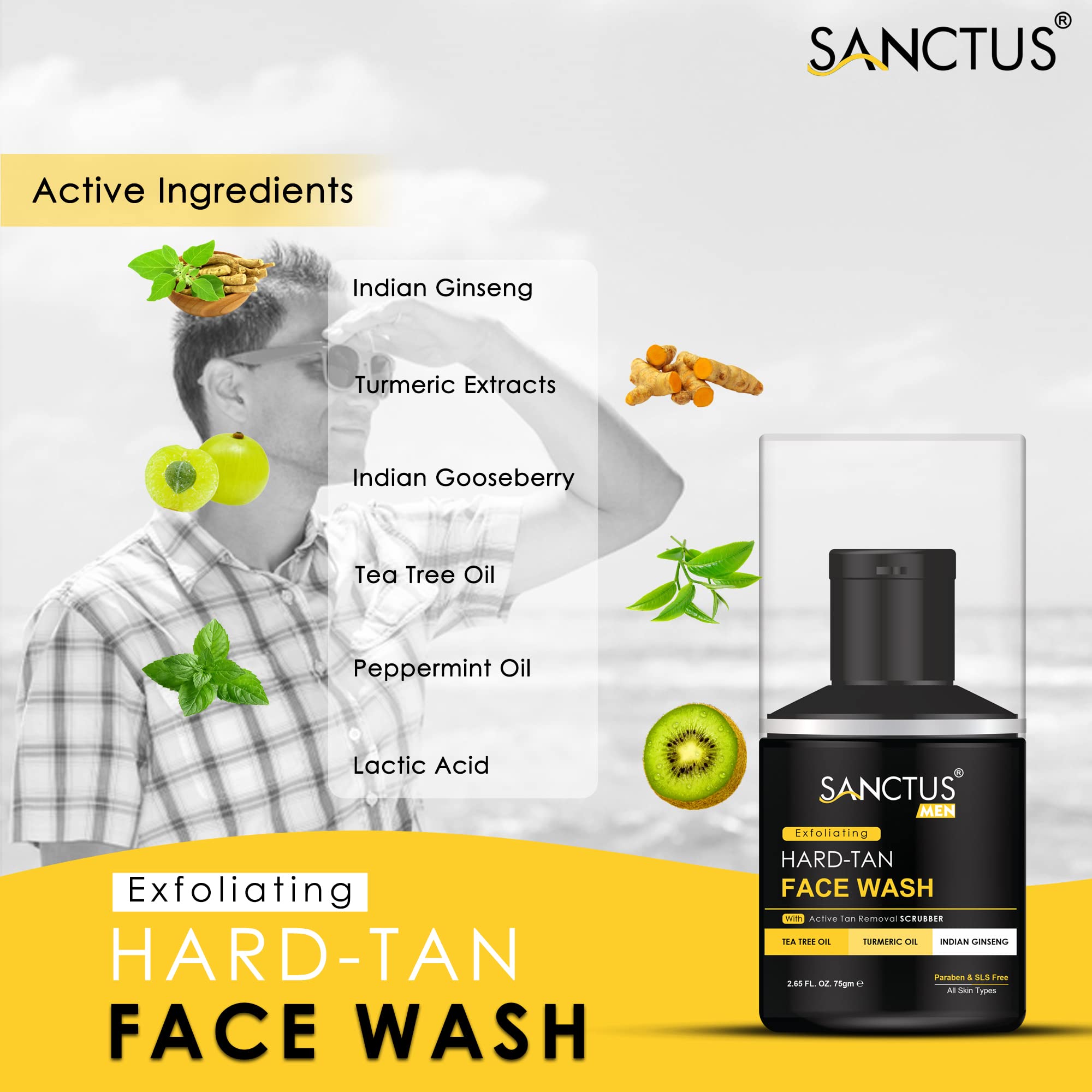 Organic Hard Tan Scrub Face Wash for Men - Insta Whitening & Oil Control with Indian Ginseng, Tea Tree Oil, Amla & Turmeric | Natural Tan Removal | 75g | Perfect for Post-Workout, Travel & Daily Skincare Routine