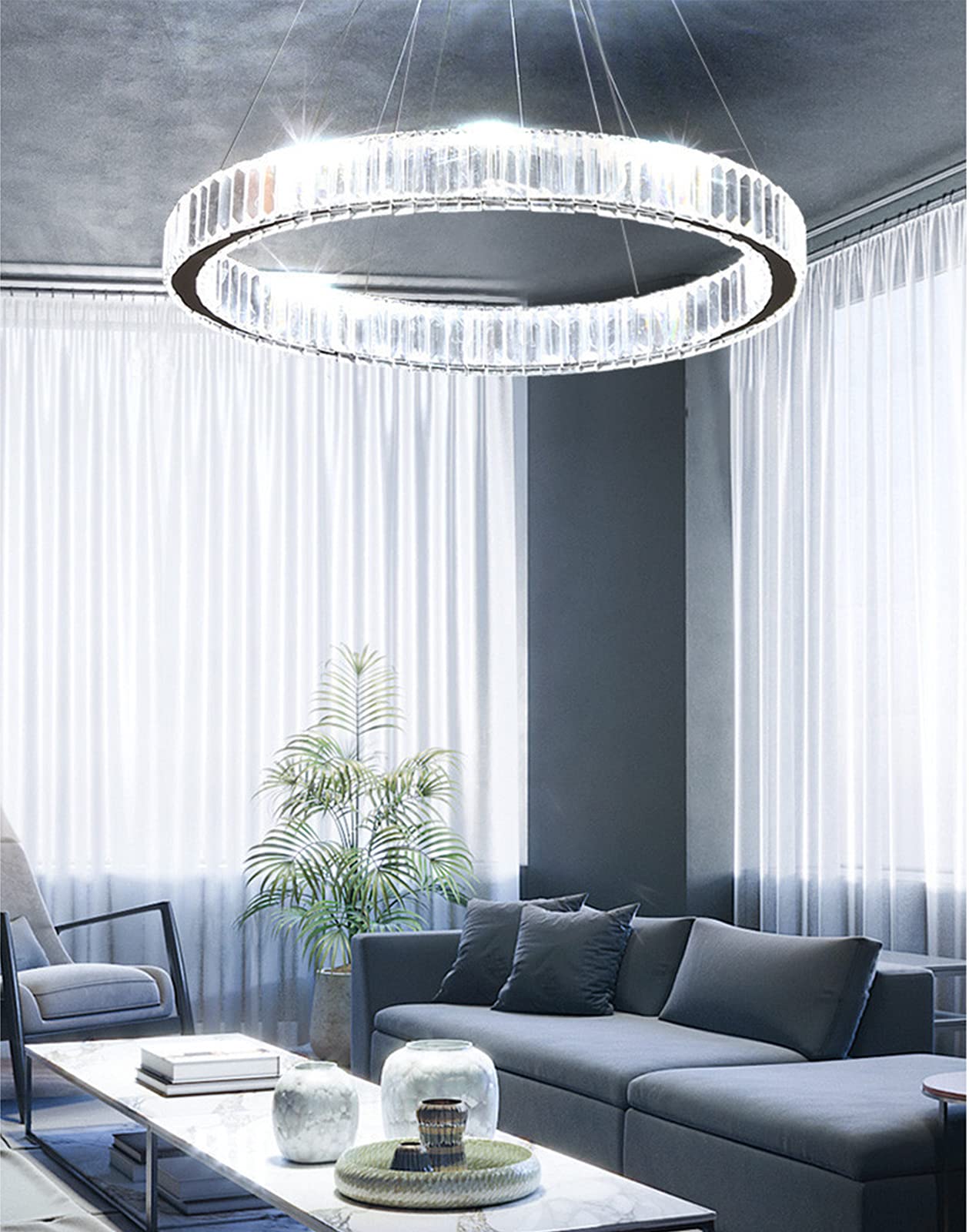 Dimmable LED Crystal Chandelier - 20 Inch Round Modern Pendant Light with Remote Control | Elegant Lighting for Kitchen, Dining Room, Living Room & Bedroom | Perfect for Home Decor & Romantic Ambiance