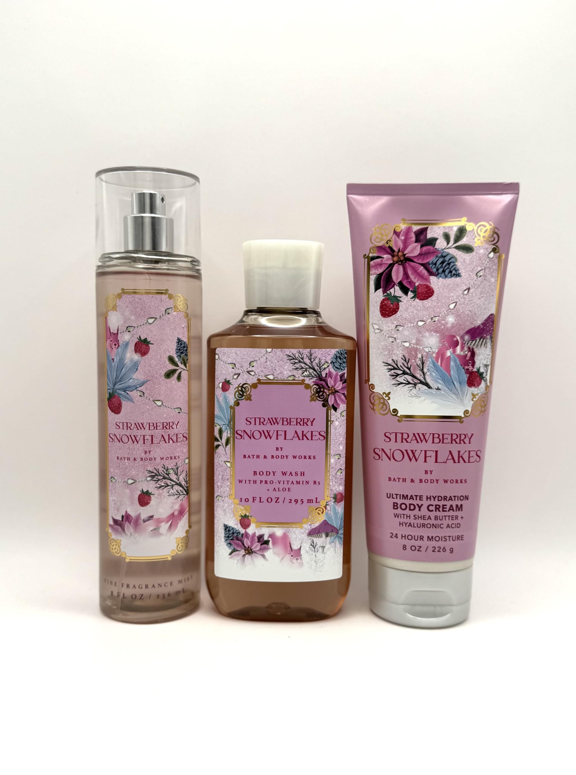 Strawberry Snowflakes Bath & Body Gift Set - 8 oz Fine Fragrance Mist, 10 oz Body Wash, 8 oz Body Cream | Luxurious Holiday Gift for Women, Self-Care Pampering Set