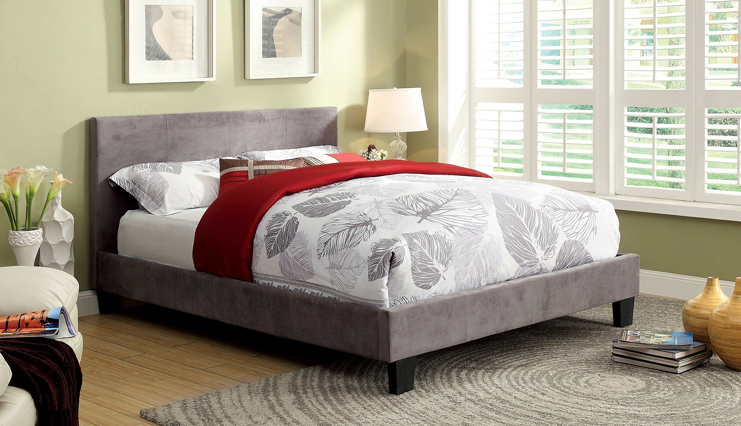 Furniture of America Rhinox Leatherette Platform Bed Frame - California King Size, Gray Faux Leather Upholstery | Modern Bedroom Furniture for Master Suite & Guest Room