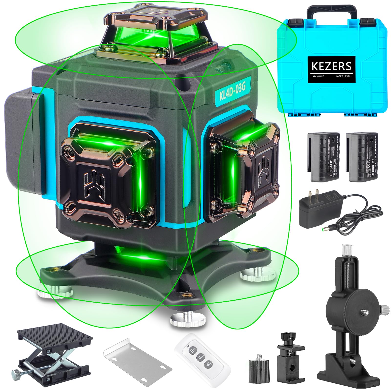 KEZERS 360° Self-Leveling Green Laser Level with Screen - 4 x 360° Laser Lines, Pulse Mode & Remote Control for Construction, Picture Hanging & DIY Projects - Perfect for Home Renovation, Tile Installation & Wall Alignment