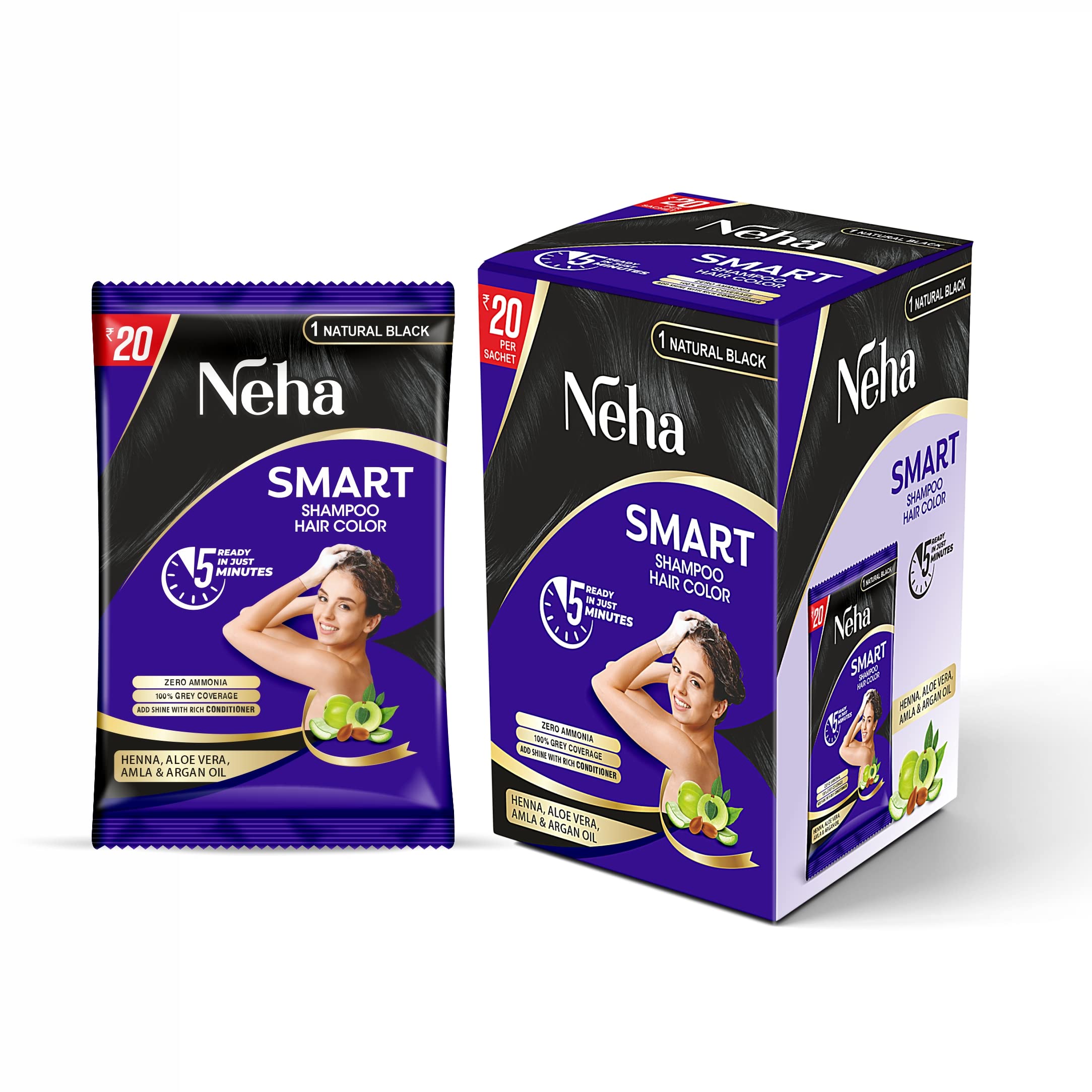 Neha Herbal Smart Shampoo Hair Color for Men & Women - 18ml (Pack of 10) - Natural Black | Ammonia-Free Hair Dye for Gray Coverage & Instant Coloring | Perfect for Home Use & Travel