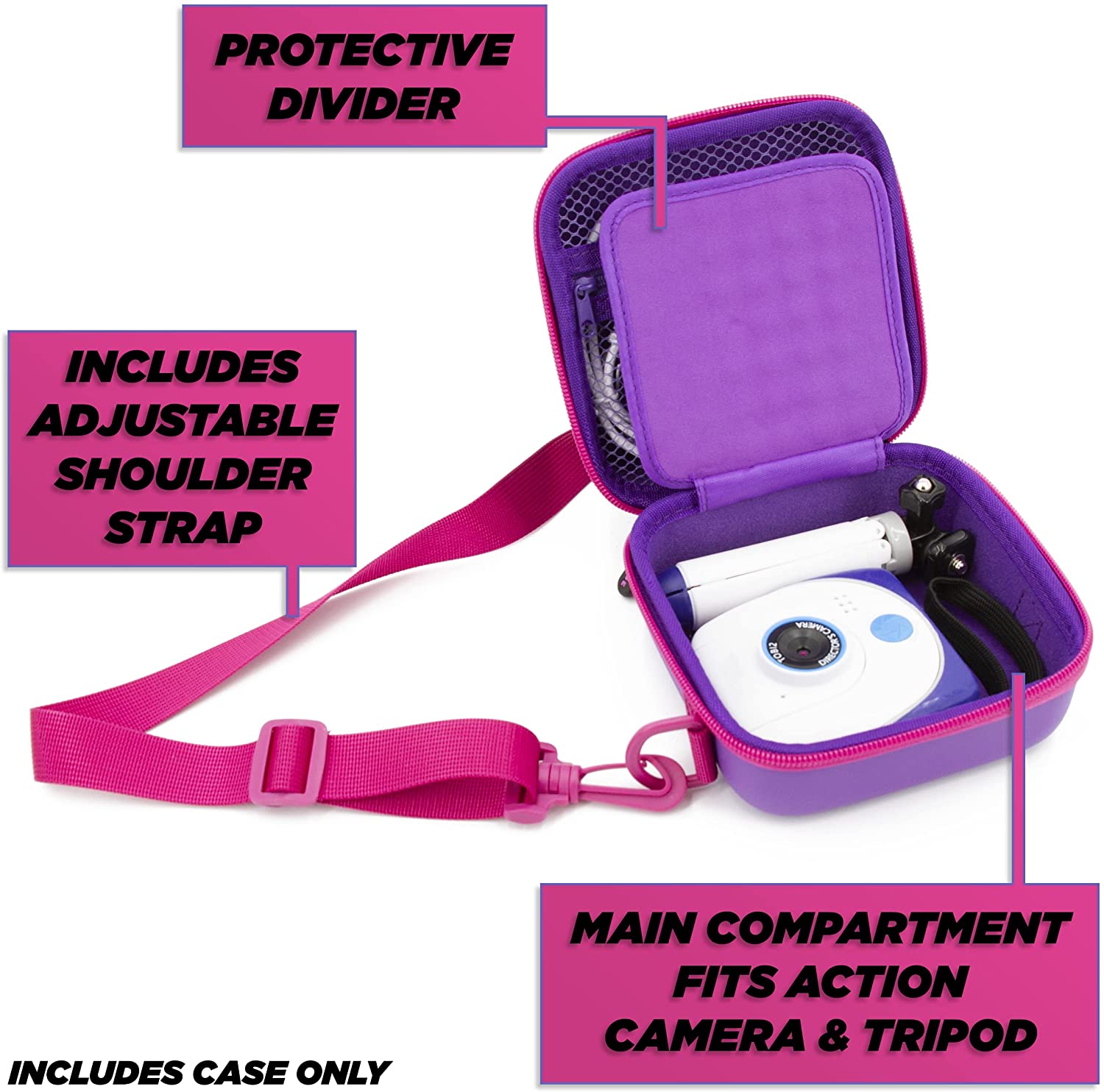 CASEMATIX Waterproof Travel Camera Case for Little Tikes Tobi 2 Director's Camera - Protective Storage for Camera, Tripod & Charging Cable - Durable Purple Camera Bag for Kids Travel, Outdoor Adventures & School Projects