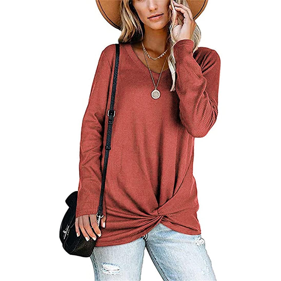 Women's Casual Fall V-Neck Long Sleeve Twist Knot Blouse - Waffle Knit Tunic Top for Autumn Layering | Perfect for Office, Date Night & Weekend Outfits