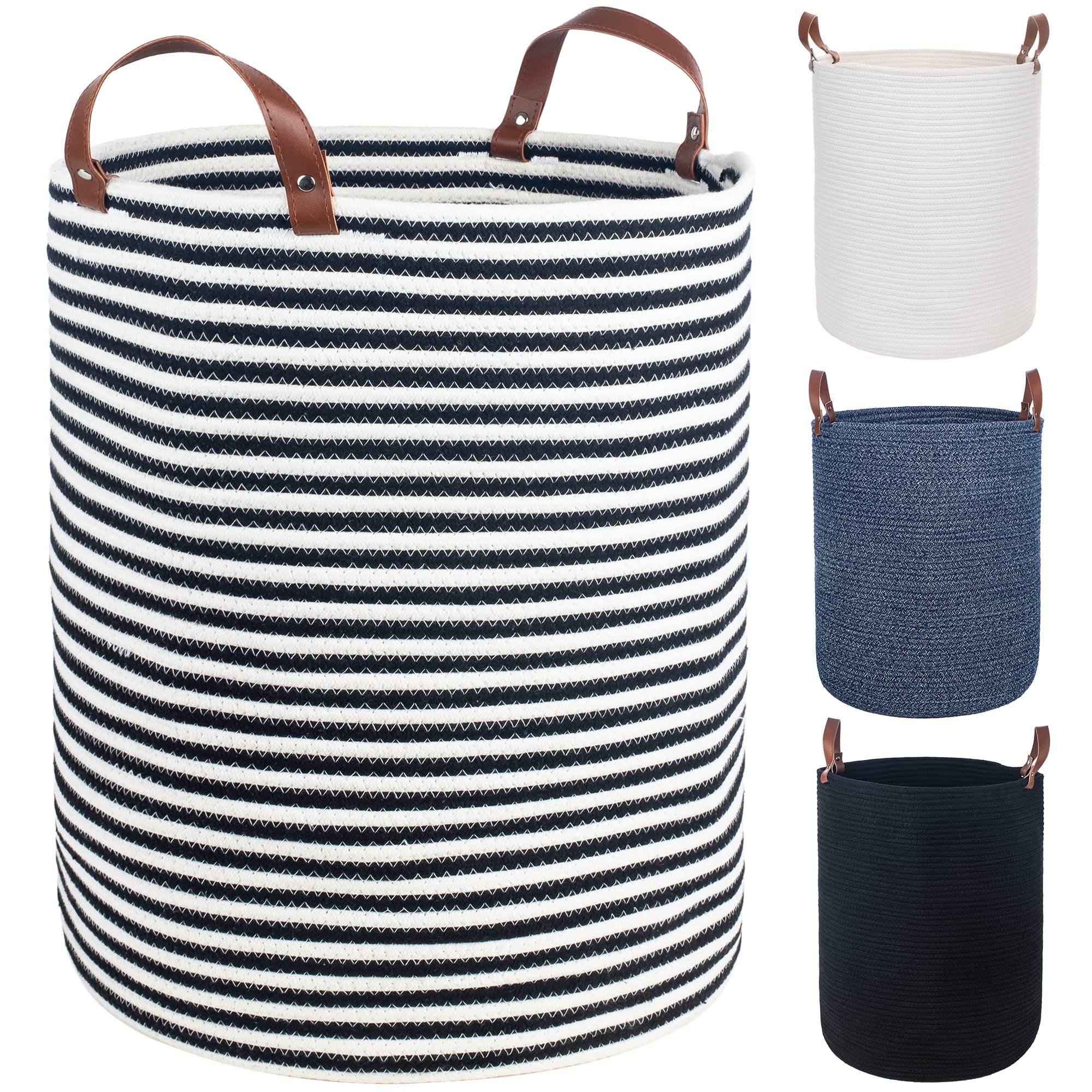 Twira Extra Large 20x16 Inches Cotton Rope Storage Basket with Leather Handle - Woven Baby Laundry, Blanket & Toy Organizer - Perfect for Nursery, Yoga Mat & Towel Storage (Black Stripes)