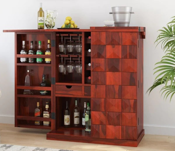 Solid Wood Expandable Bar Cabinet with Diamond Design - Rustic Home Bar Furniture for Living Room, Dining Room & Entertainment Spaces