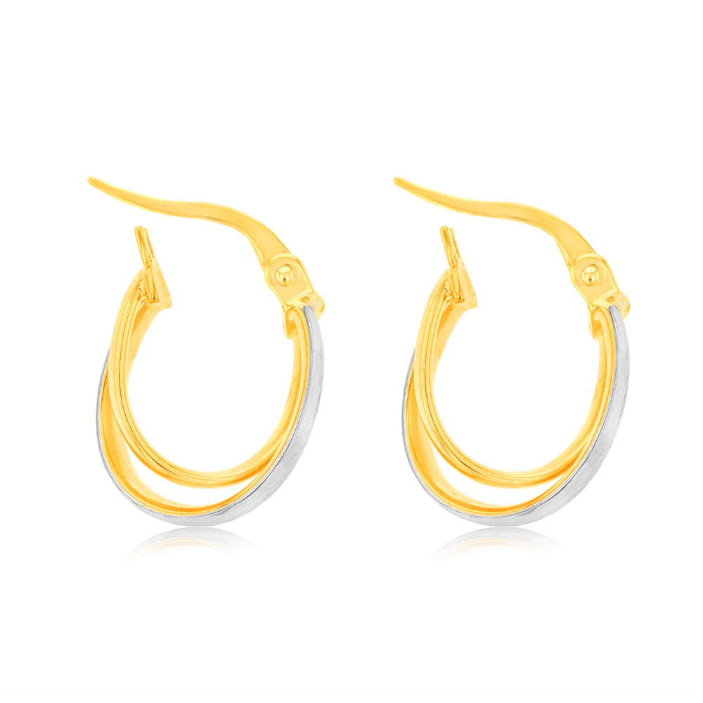 9ct Yellow and White Two-Tone Gold Textured Fancy Elongated Hoop Earrings for Women - Elegant Statement Jewelry for Parties, Weddings & Special Occasions