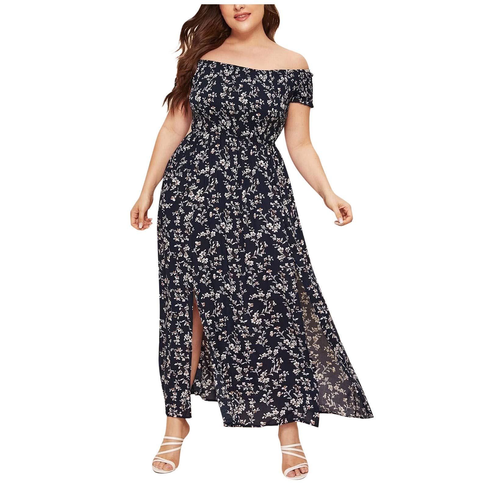 Plus Size Bohemian Floral Print Maxi Dress for Women - Sexy Off Shoulder Sundress with High Slit | Perfect for Beach Vacations, Summer Parties & Boho Chic Outfits
