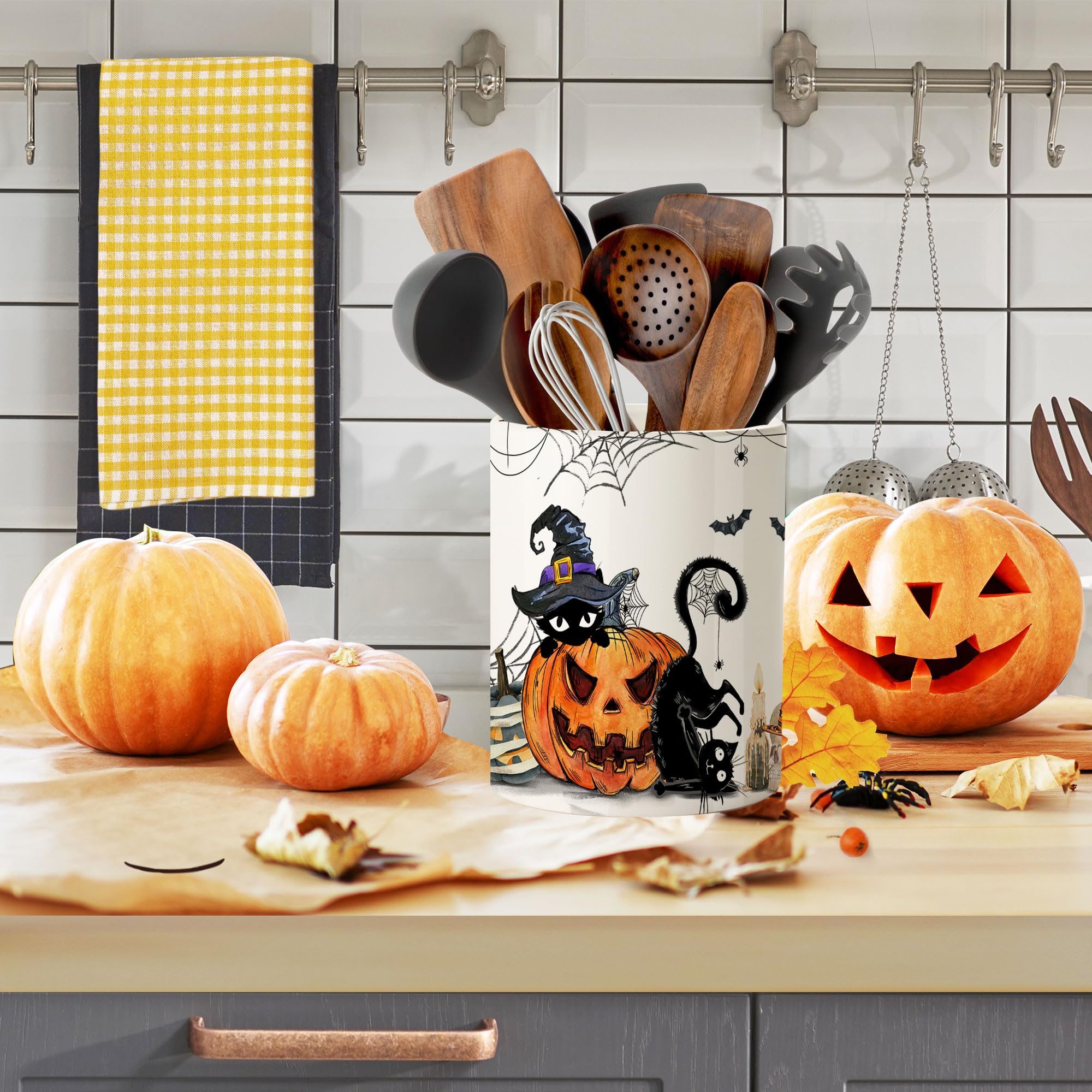 Halloween Ceramic Utensil Holder - 6.5in Cute Farmhouse Kitchen Decor for Halloween, Spooky Kitchen Utensil Organizer - Perfect for Halloween Party, Home Decor & Seasonal Kitchen Storage