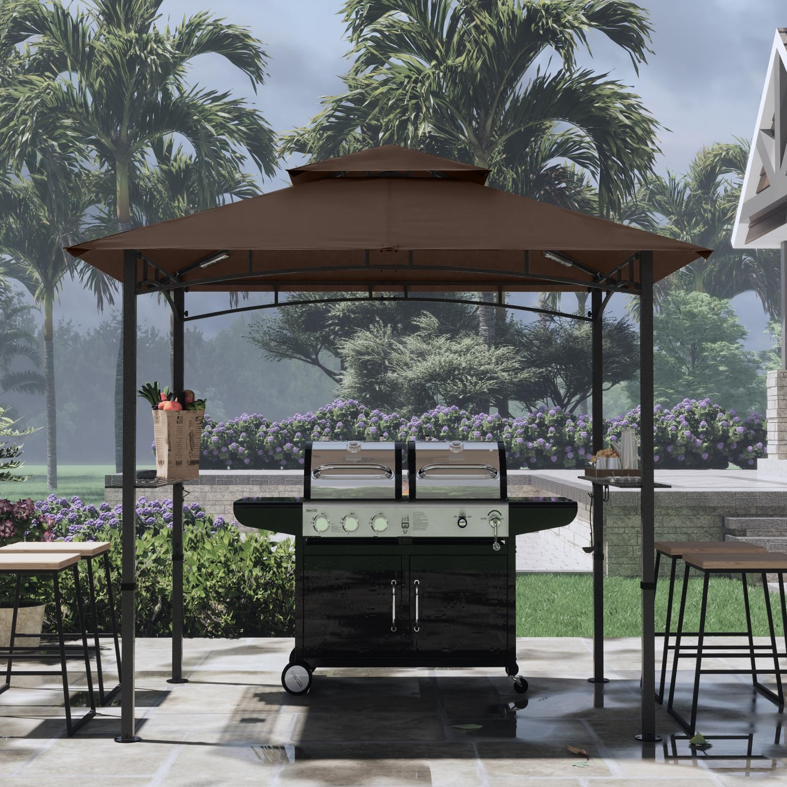 COOSHADE 8'x5' Double Tiered Outdoor BBQ Grill Gazebo with LED Lights - Waterproof Canopy for Patio, Backyard, Garden & Camping (Brown)