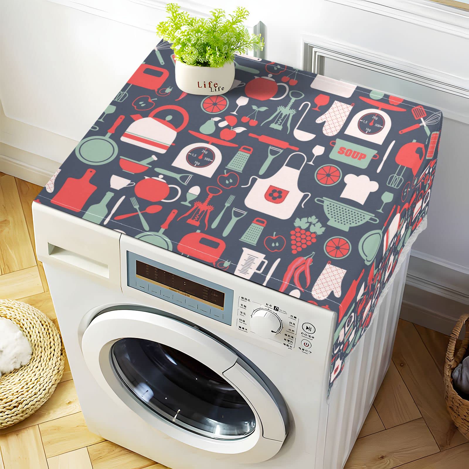 Non-Slip Refrigerator & Washing Machine Dust Cover Set - Kitchen Cutlery Organizer with 4 Storage Bags | Fridge Top Protector, Dryer Cover & Spoon/Fork Holder | Perfect for Home, Apartment & Laundry Room Organization