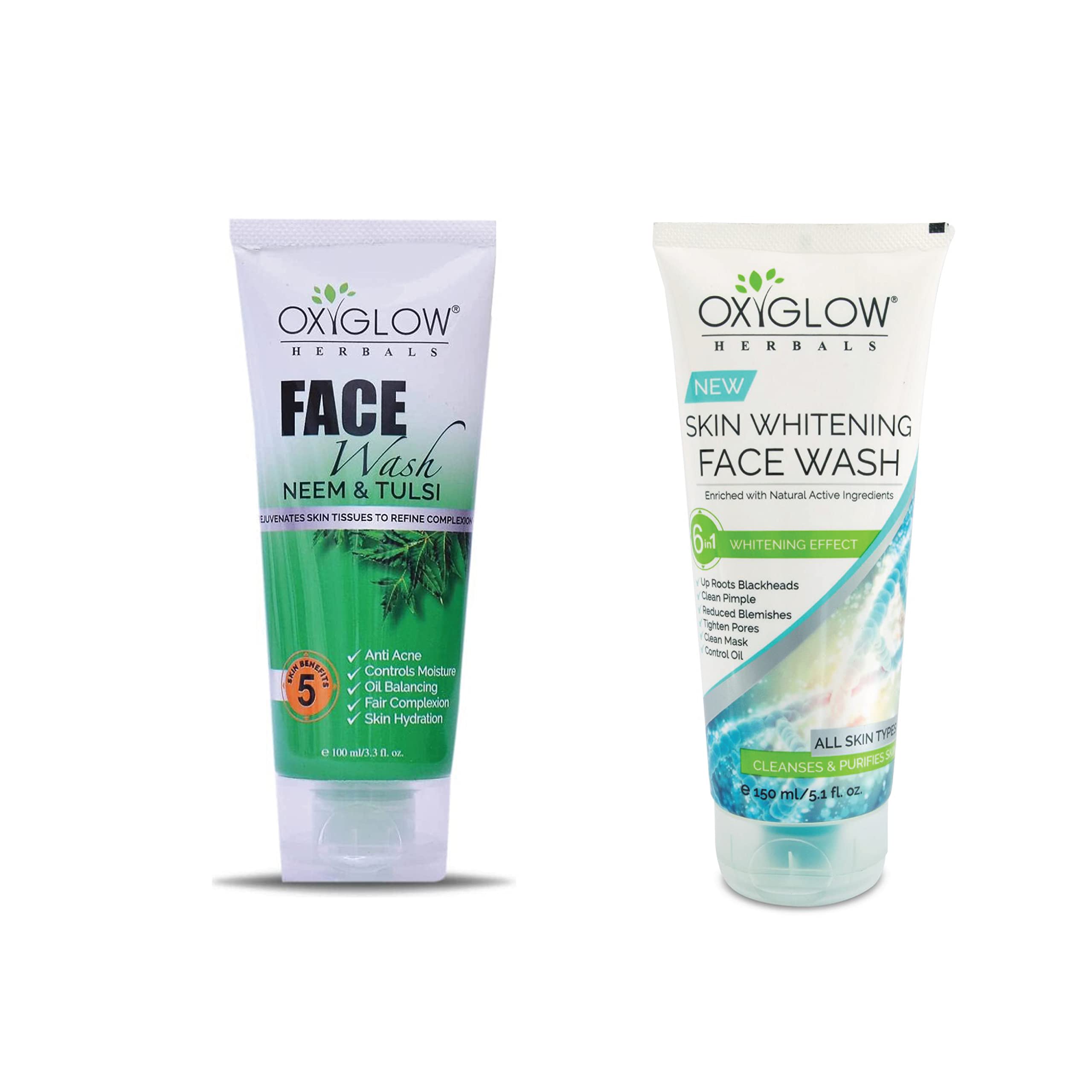 OxyGlow Herbals Neem Tulsi Face Wash 100g & Skin Whitening Face Wash 150ml Combo Pack - Natural Ayurvedic Cleanser for Acne, Brightening & Glowing Skin - Perfect for Daily Skincare Routine & Travel