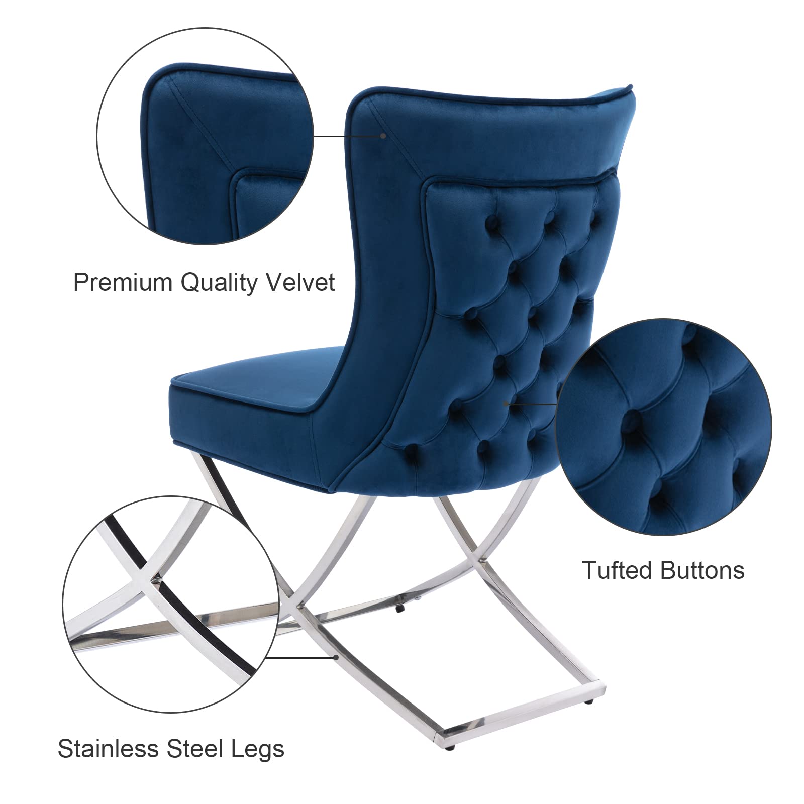 Luxury Velvet Dining Chairs Set of 2 - Modern Accent Chairs with Stainless Steel Legs for Dining Room & Living Room - Dark Blue Velvet Upholstered Seating - Perfect for Home Decor, Dinner Parties & Cozy Gatherings