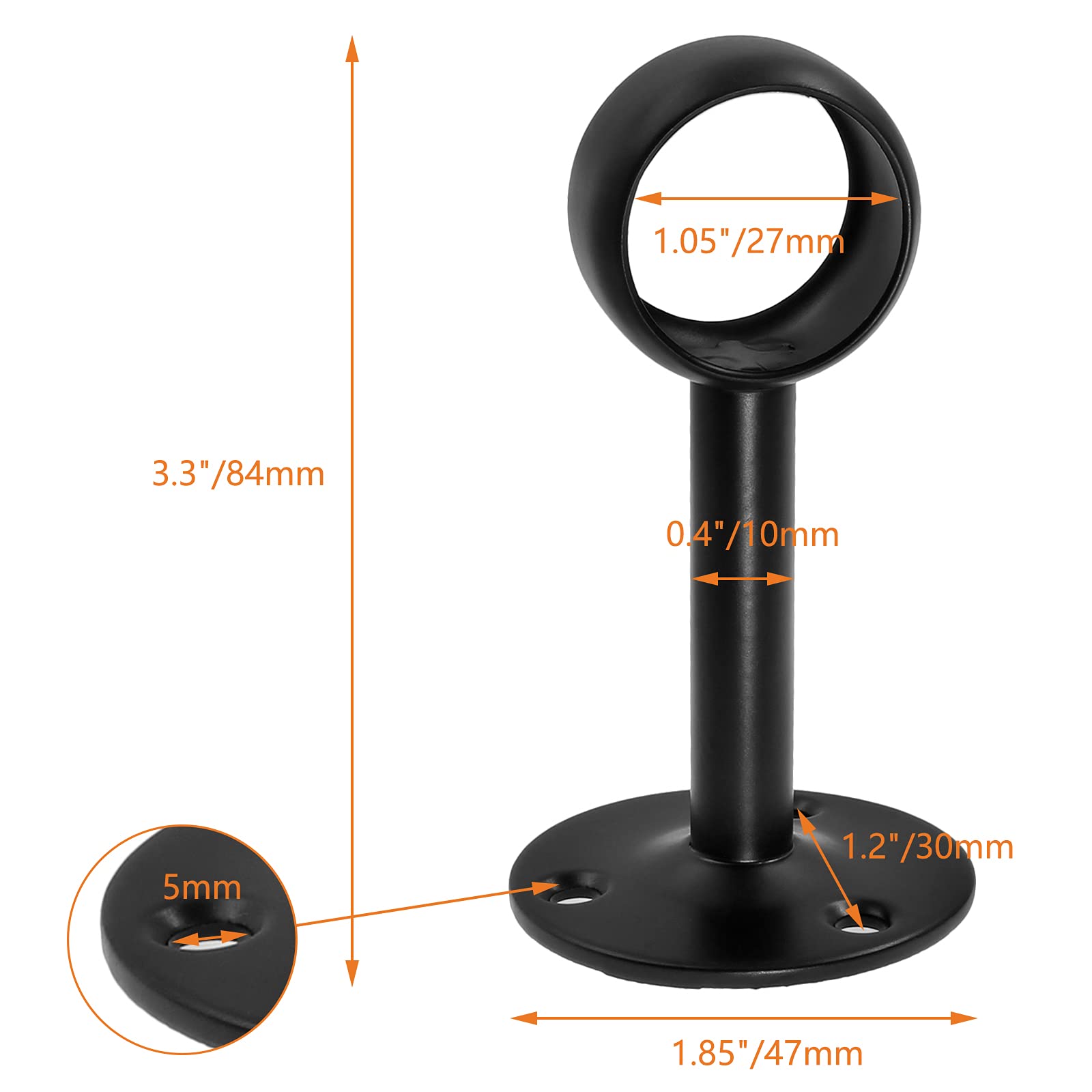 2 Pack 1 Inch Heavy Duty Stainless Steel Ceiling Mount Curtain Rod Brackets - Matte Black Flange Closet Rod Holder & Shower Curtain Rod Socket for Bedroom, Bathroom, Closet Organization