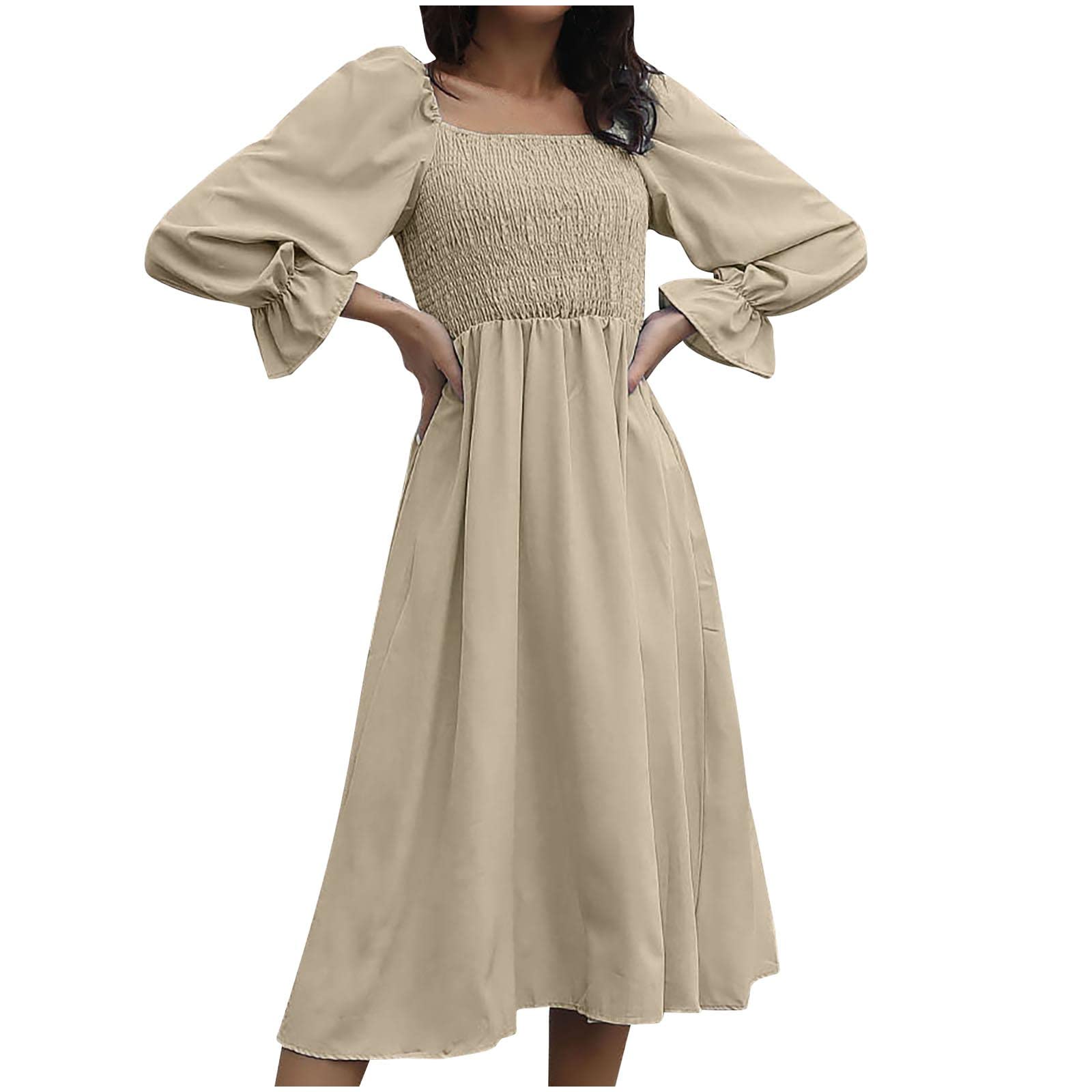 Women's Puff Sleeve Square Neck Midi Dress - High Waist Flared Swing Casual Dress for Beach, Party & Everyday Wear | Elegant Solid Color Long Sleeve Dress for Women