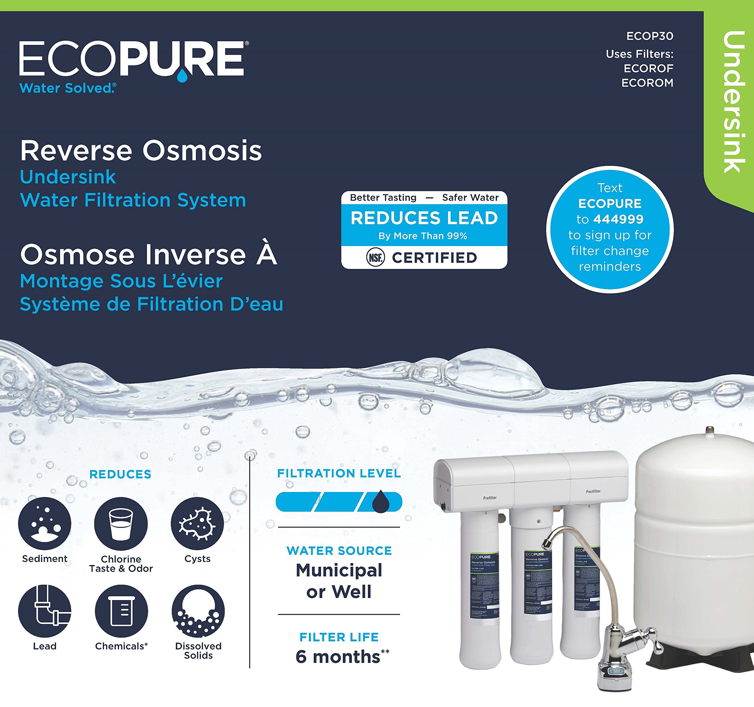 EcoPure ECOP30 Water Filtration System - Under Sink Water Filter for Clean Drinking Water | Removes Contaminants & Improves Taste | Perfect for Home, Office & RV Use