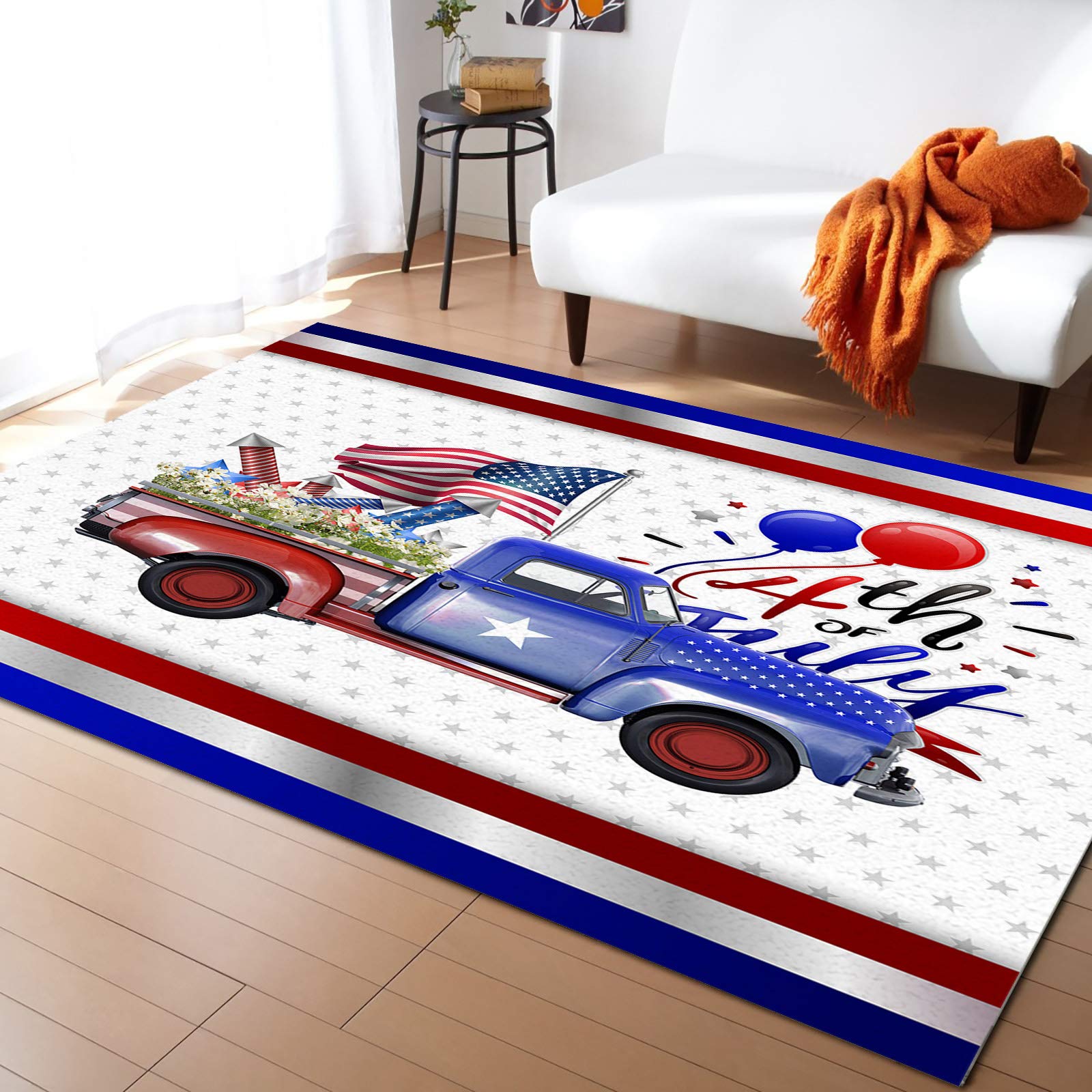Modern Indoor Area Rugs - Soft Washable Carpet for Bedroom, Living Room & Nursery - 5' x 8' Red Truck Design (Perfect for American Independence Day Decor, Home Staging & Cozy Floor Covering)
