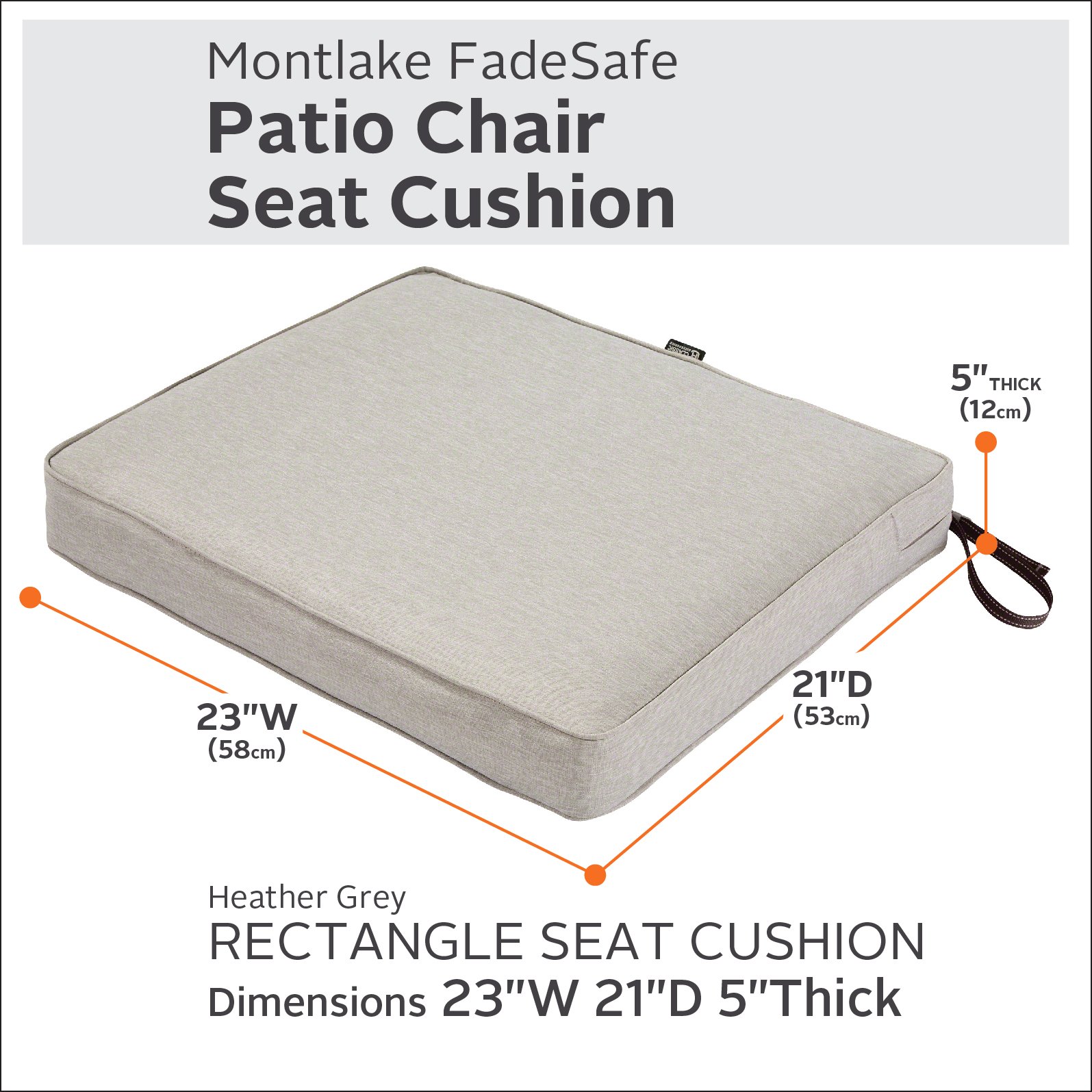 Classic Accessories Montlake Patio FadeSafe Seat Cushion - Grey, 23x21x5 Inches, Weather-Resistant Outdoor Furniture Cushion for Patio Chairs and Loungers