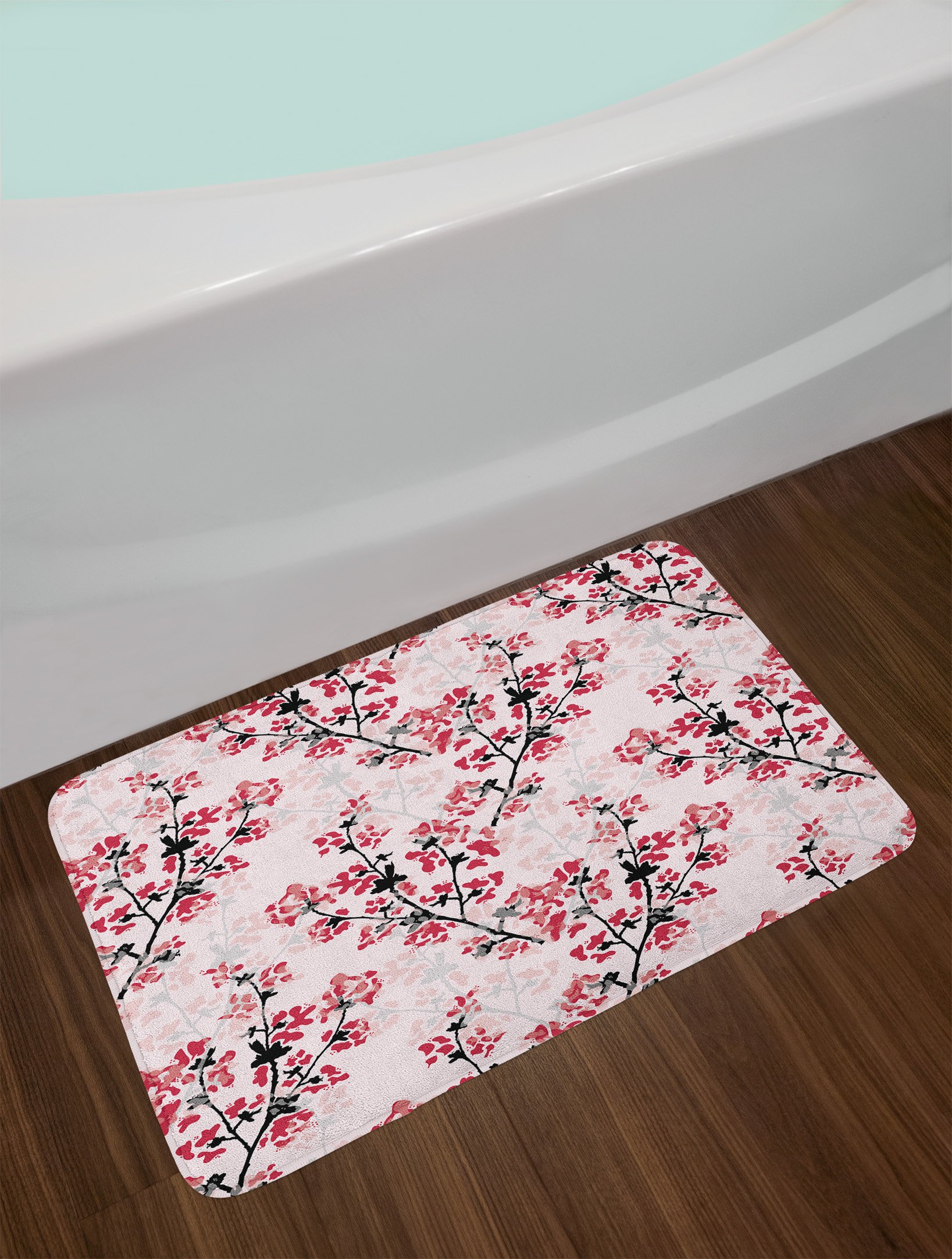 Ambesonne Floral Bath Mat - Non-Slip Plush Bathroom Rug with Romantic Blush Flowers & Tree Branches Design, 30.2