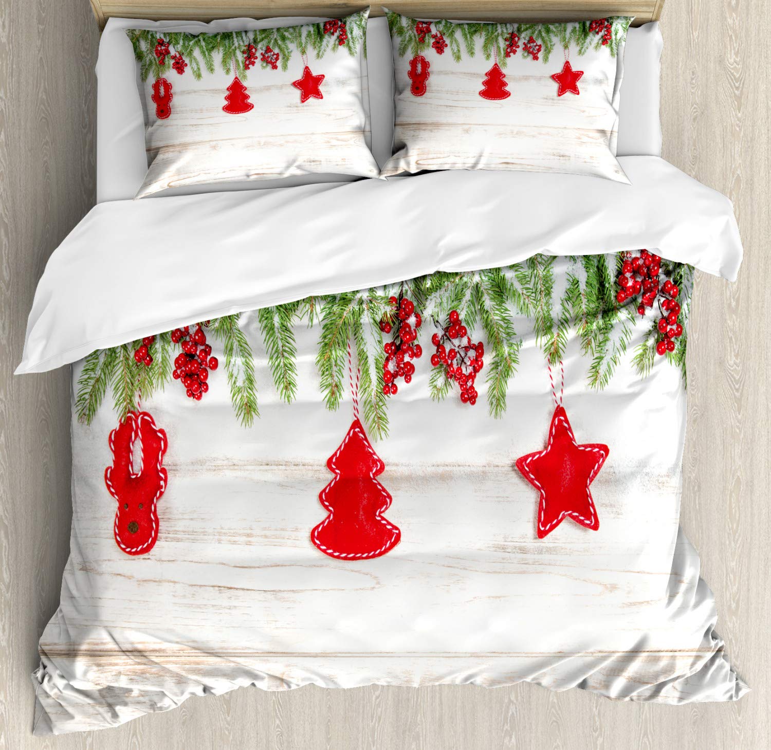 Ambesonne Christmas Duvet Cover Set 3-Piece - Noel Tree Branches Rustic Backdrop with Ornaments Berries Print - California King Beige Red Bedding Set with 2 Pillow Shams - Perfect for Holiday Decor, Winter Bedroom Makeover & Cozy Seasonal Home Staging