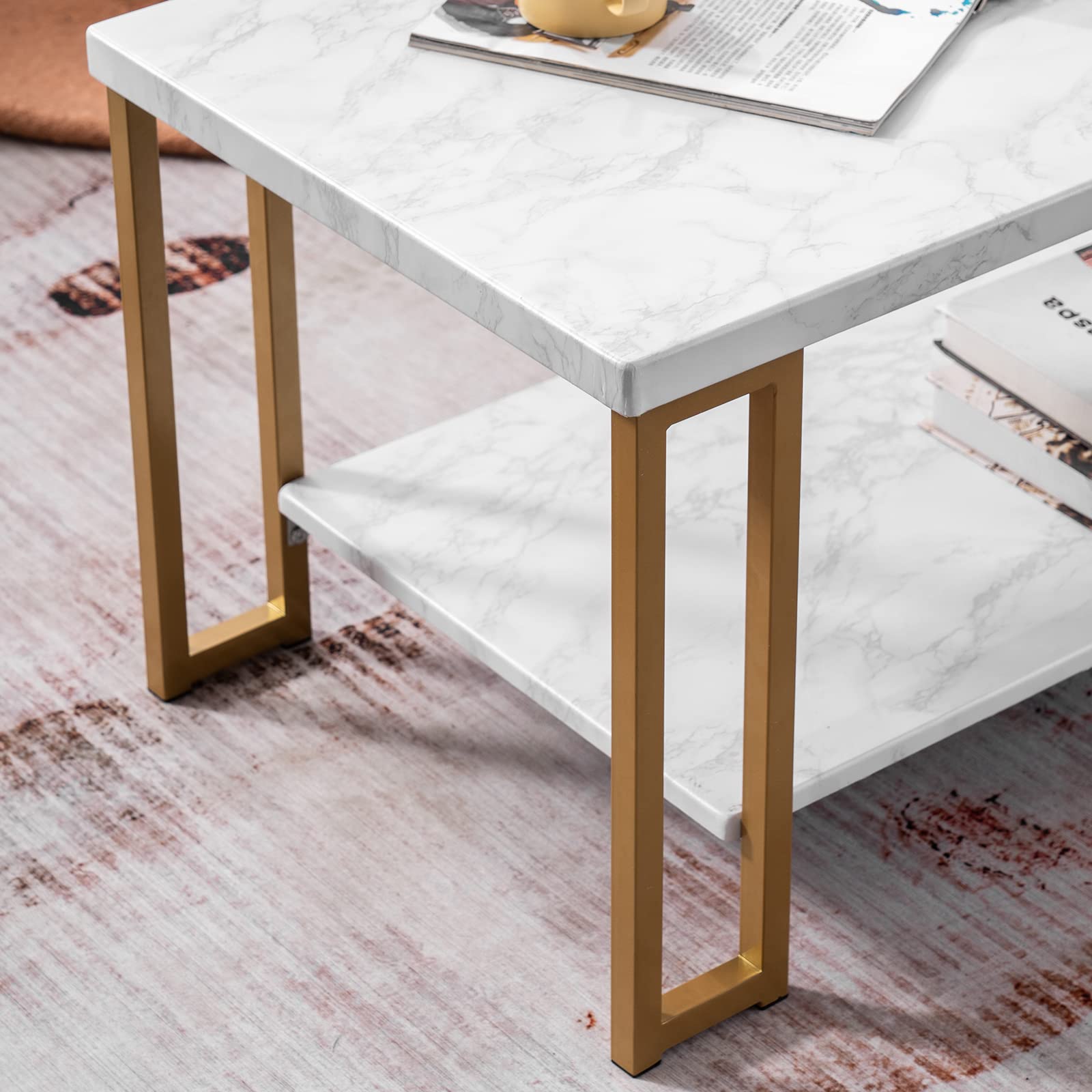 White Marble Print Coffee Table with Gold Metal Legs - 2-Tier Modern Rectangular Center Table for Living Room & Bedroom - Accent Furniture for Home Decor, Perfect for Small Spaces and Cozy Gatherings