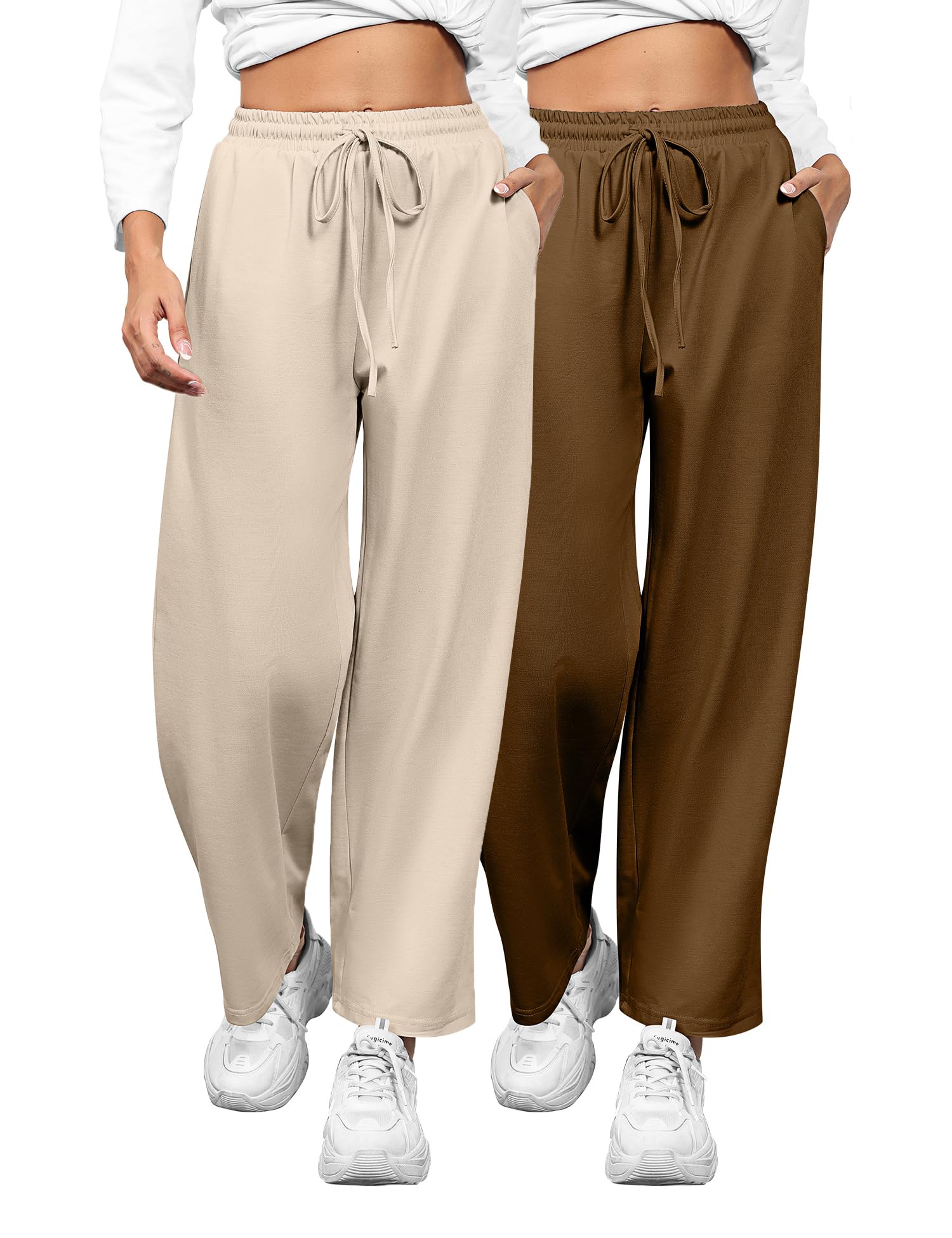 Locoowai 2 Pack Women's Straight Leg Sweatpants - Elastic Waist Joggers with Drawstring & Pockets | Casual Wide Leg Lounge Pants for Home, Workout & Running