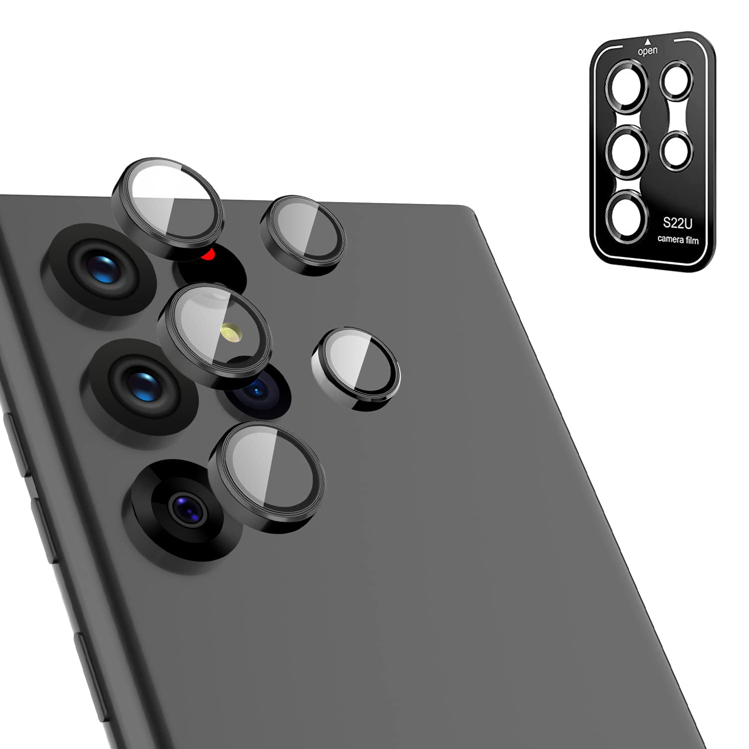 DAKORIE S22 Ultra Camera Lens Protector - Tempered Glass Back Cover with Aluminum Alloy Ring for Samsung Galaxy S22 Ultra (Black) - HD Protection for Photography & Outdoor Adventures