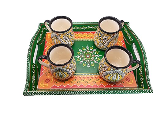 Handmade Wooden Serving Tray with Meenakari Art - Set of 3 for Kitchen, Dining & Home Decor