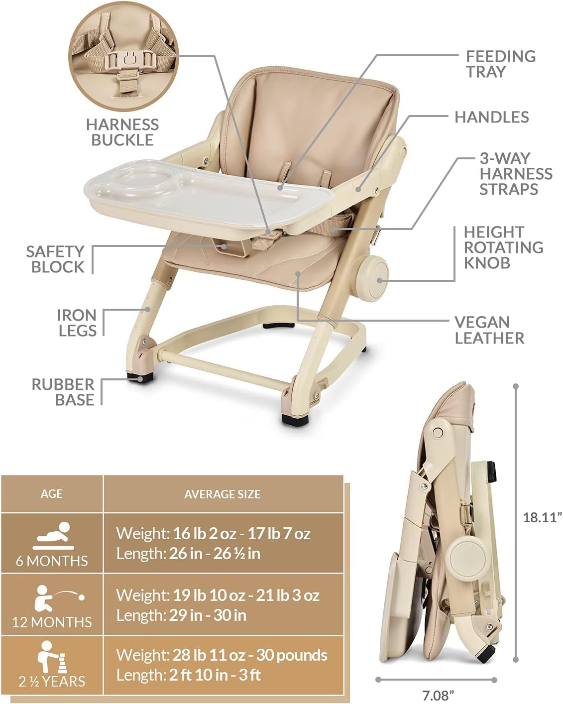 Voltz Toys Feed Me 3-in-1 Travel Booster Seat for Kids & Babies - Adjustable, Foldable, Portable High Chair with Safety Harness - Perfect for Dining, Travel & Outdoor Use (Tan)